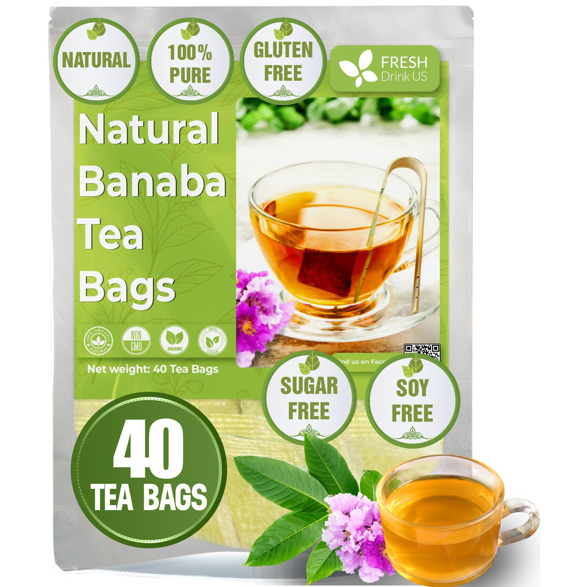 Freshdrinkus, Premium 40 Banaba Tea Bags, 100% Natural & Pure From Banaba Leaves. Loose Leaf Banaba Herbal Tea. No Sugar, No Caffeine, No Gluten, Vegan.