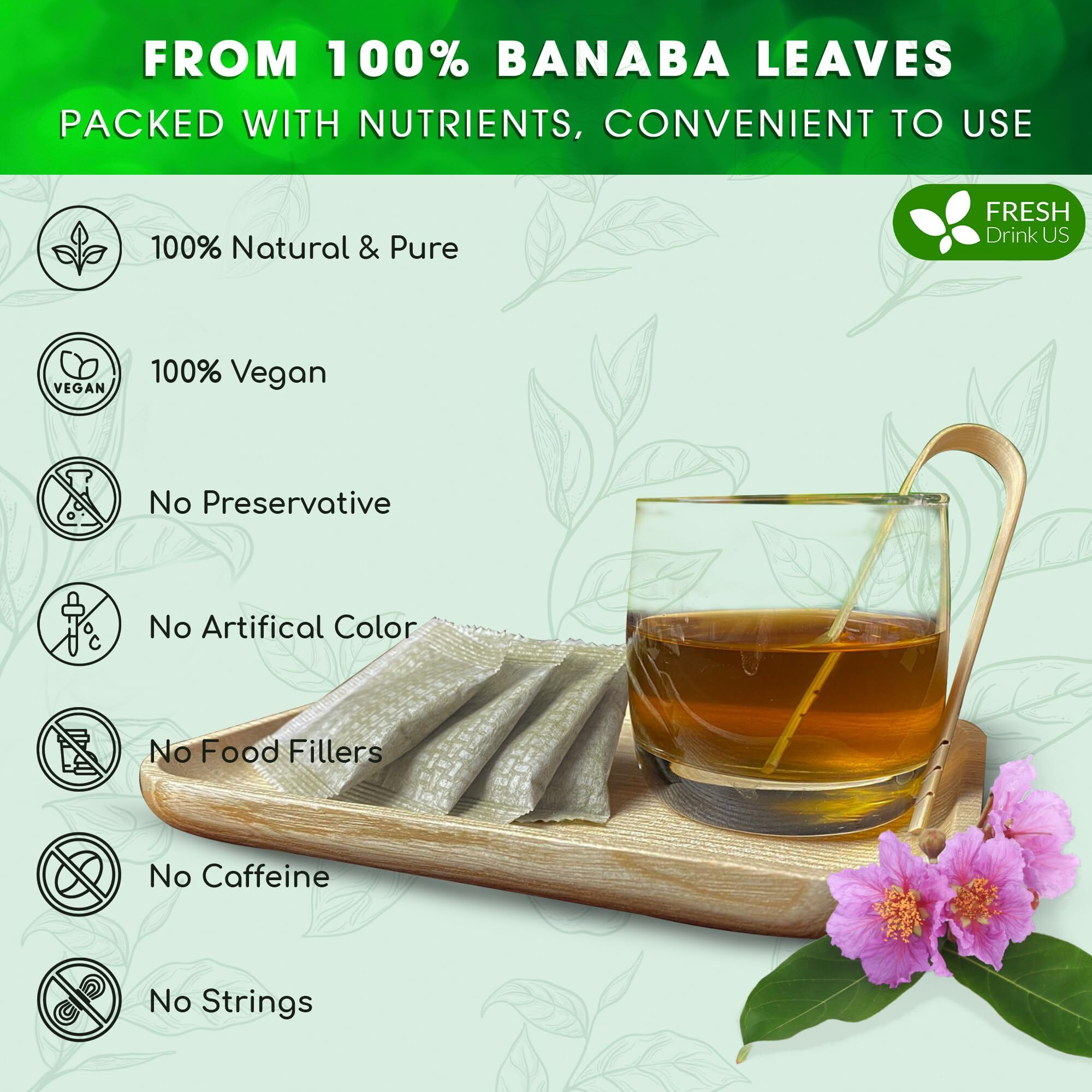 Freshdrinkus, Premium 40 Banaba Tea Bags, 100% Natural & Pure From Banaba Leaves. Loose Leaf Banaba Herbal Tea. No Sugar, No Caffeine, No Gluten, Vegan.