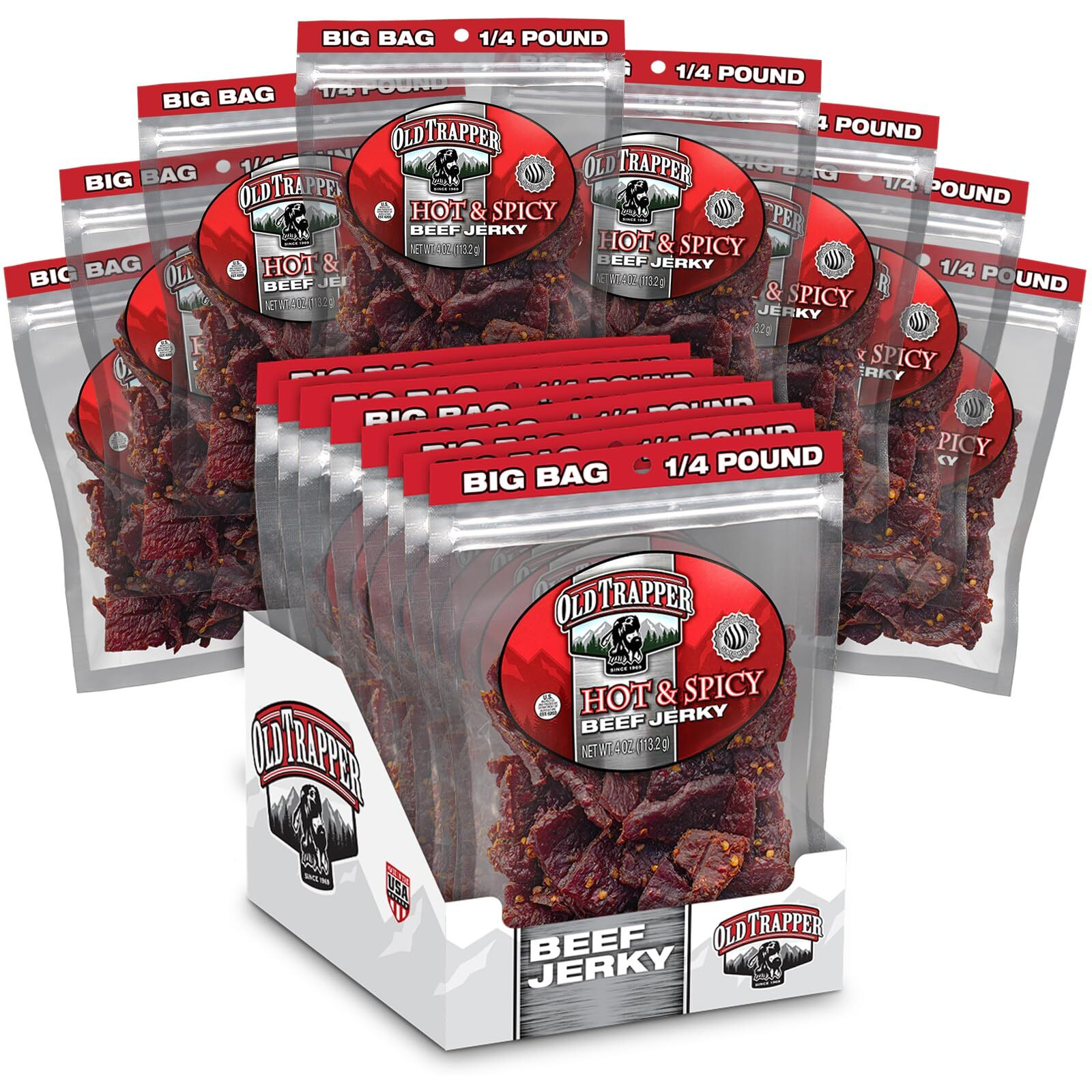 Old Trapper Beef Jerky, Hot & Spicy 1/4-Pound Individual Package, Savory And Spicy Meat Snacks For Lunches Or Between Meals, 11 Grams Of Protein And 70 Calories Per Serving (Pack Of 8)