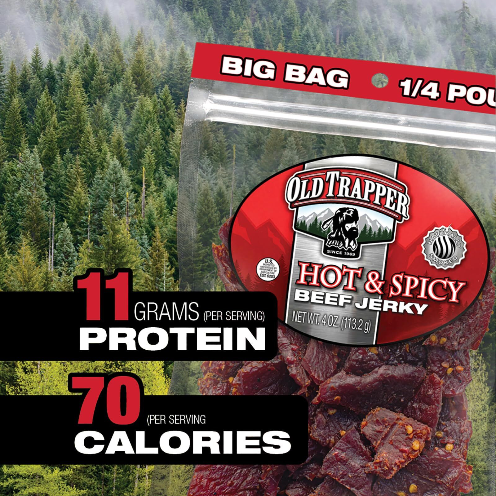 Old Trapper Beef Jerky, Hot & Spicy 1/4-Pound Individual Package, Savory And Spicy Meat Snacks For Lunches Or Between Meals, 11 Grams Of Protein And 70 Calories Per Serving (Pack Of 8)