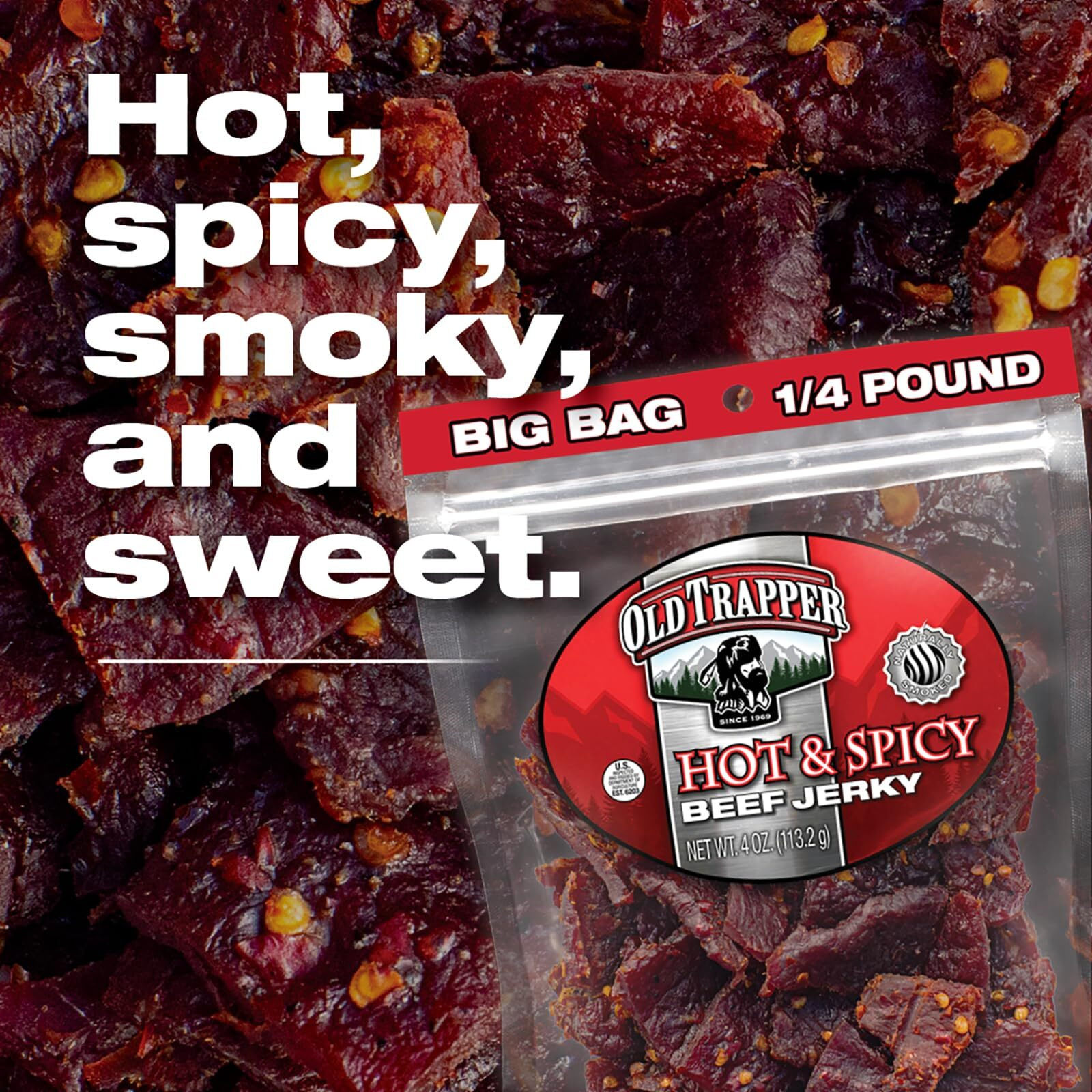 Old Trapper Beef Jerky, Hot & Spicy 1/4-Pound Individual Package, Savory And Spicy Meat Snacks For Lunches Or Between Meals, 11 Grams Of Protein And 70 Calories Per Serving (Pack Of 8)