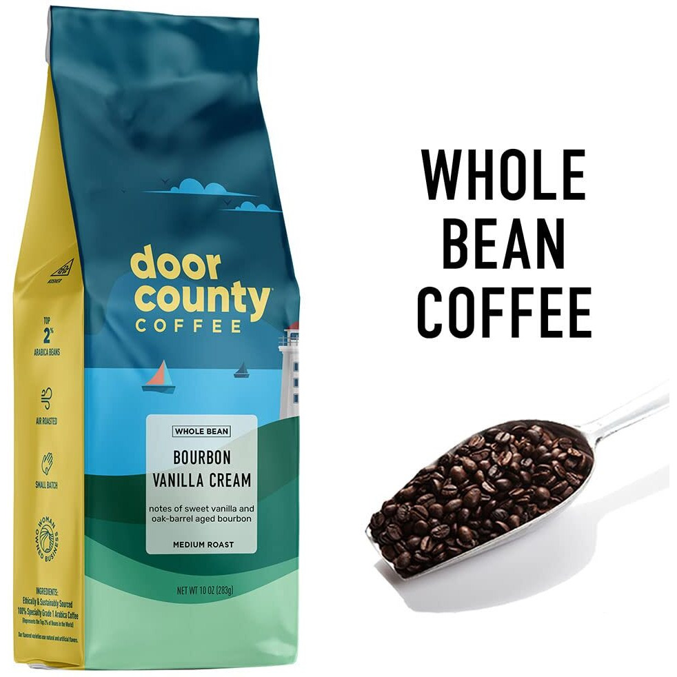 Door County Coffee Bourbon Vanilla Cream Flavored Coffee Whole Bean | 10 Oz Bag | Medium Roast | 100% Specialty Arabica Coffee | Flavored Gourmet Coffee | Bourbon Vanilla Cream
