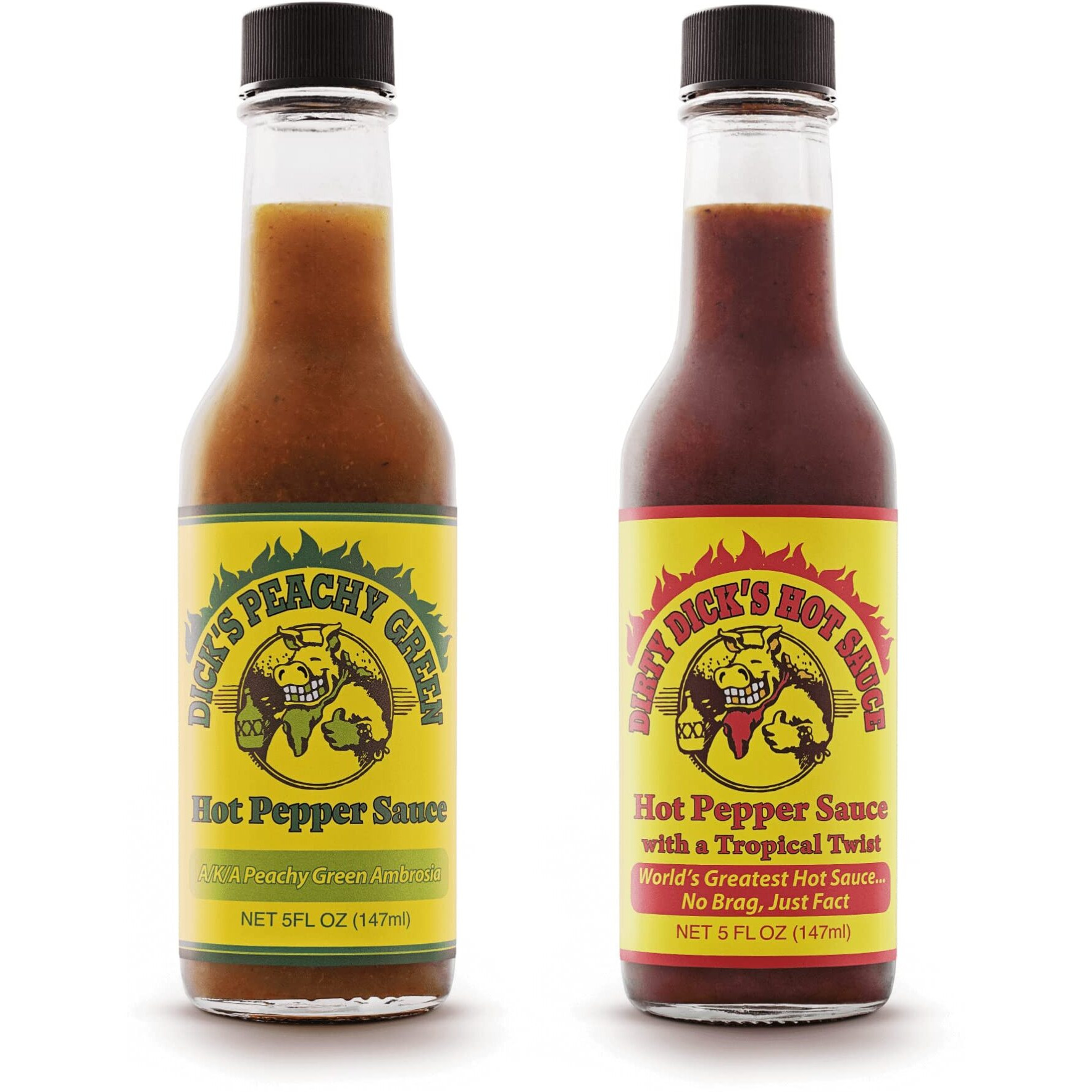 Dirty Dicks Hot Sauce Combo, 5 Fl Oz (Pack Of 2) - Original Bold & Spicy And Peachy Green Sweet & Spicy Flavors