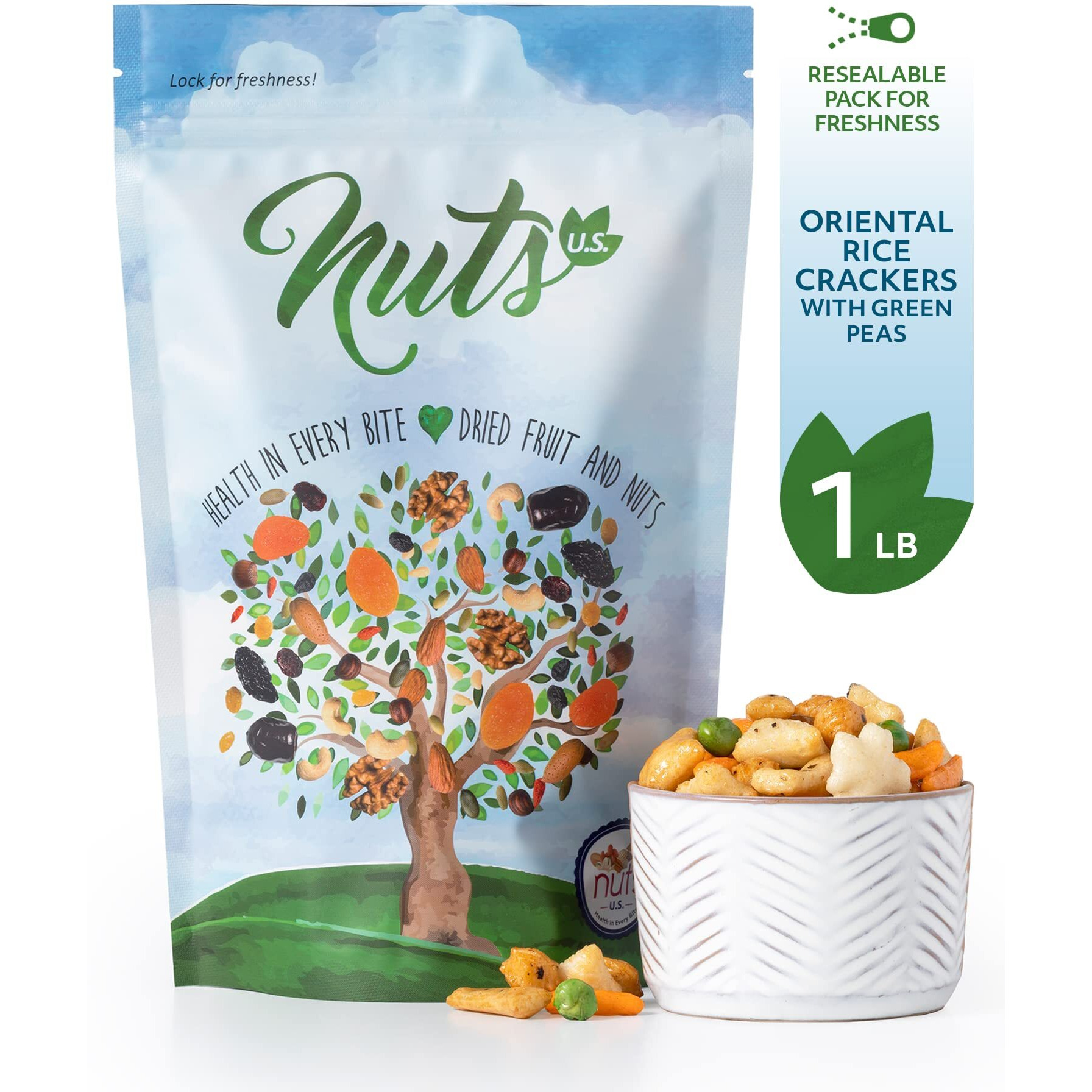 Nuts U.S. - Oriental Rice Crackers With Green Peas | Non-Gmo And Cholesterol Free | Vegan | Soy And Chili Flavor | Crunchy Baked Snacks | Packed In Resealable Bag (1 Lb)