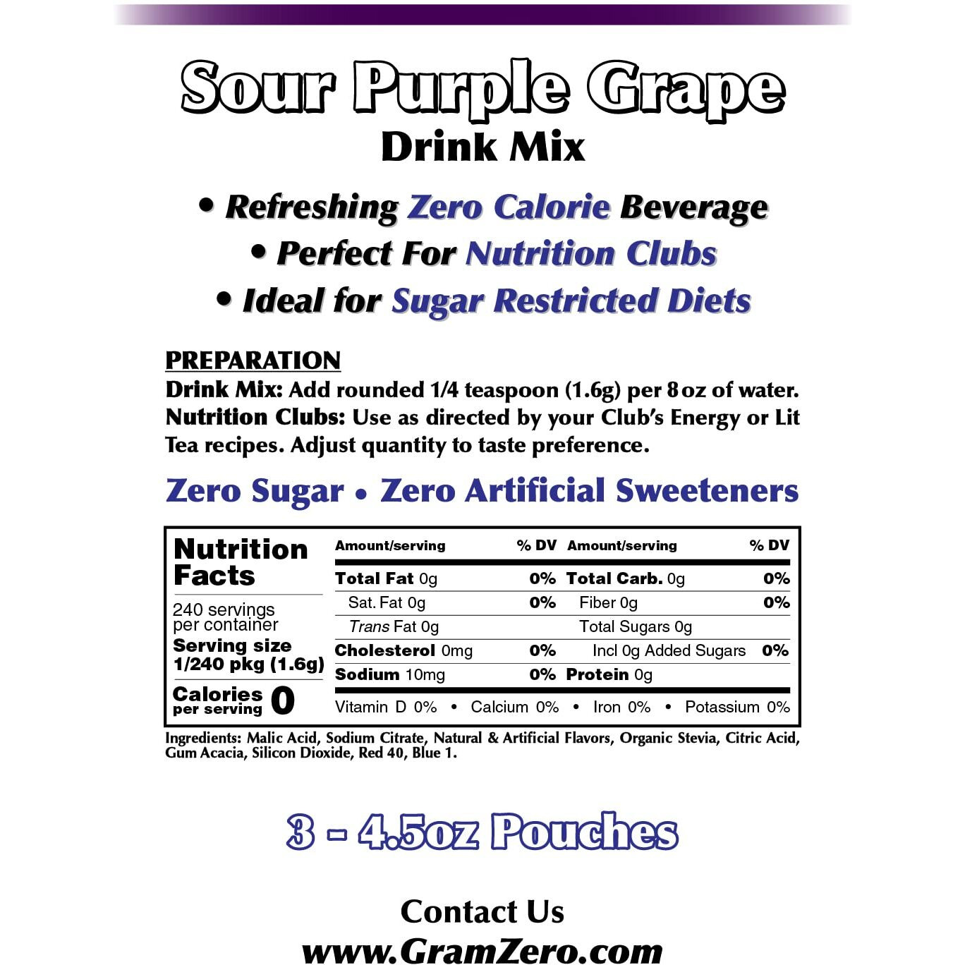 Gramzero Sour Purple Grape Zero Calorie Sugar Free Drink Mix, Great For Nutrition Club Loaded Tea, Stevia Sweetened