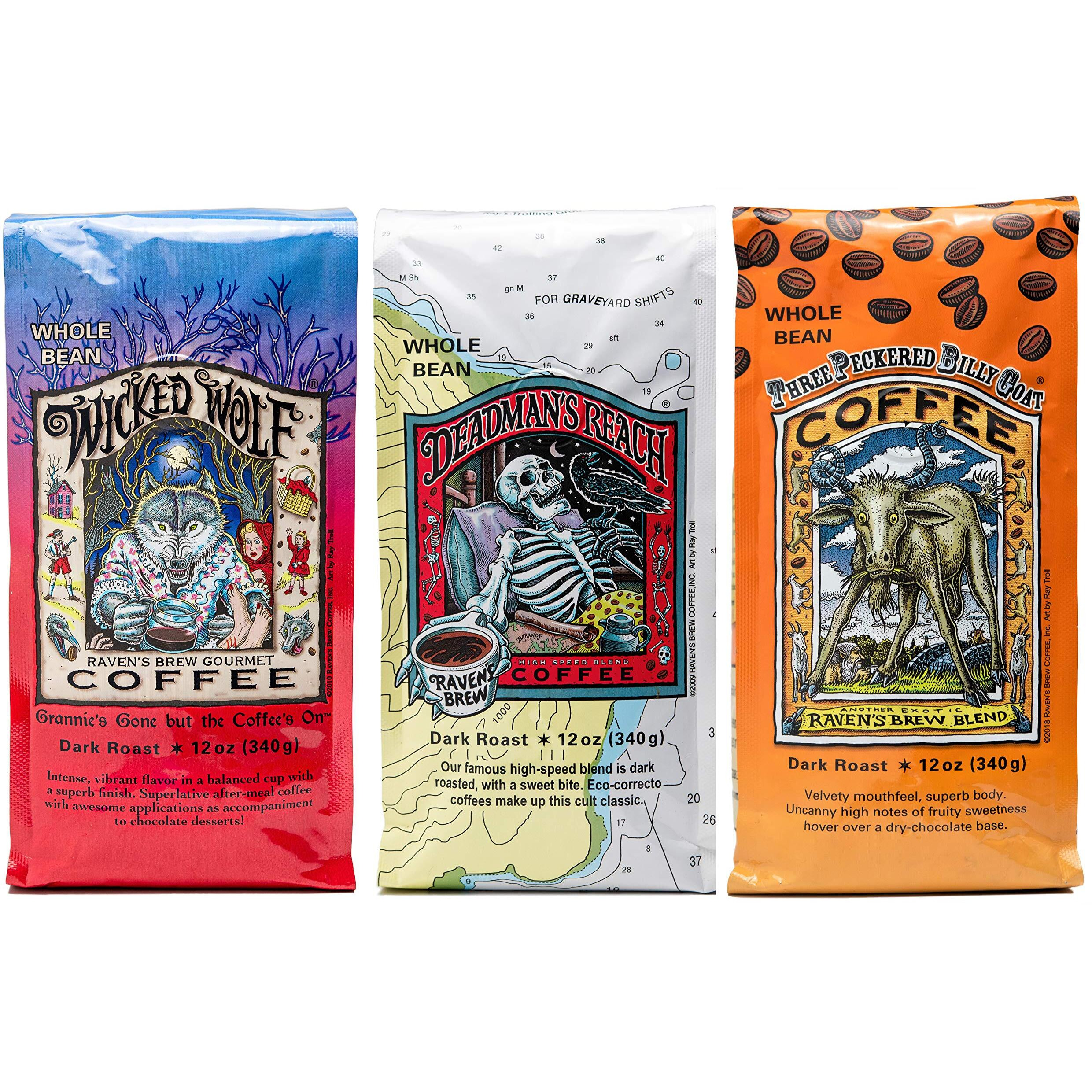 Raven's Brew Whole Bean Variety Pack - 3 Delicious Flavors - Wicked Wolf, Three Peckered Billy Goat And Deadman's Reach - 12 Oz Each