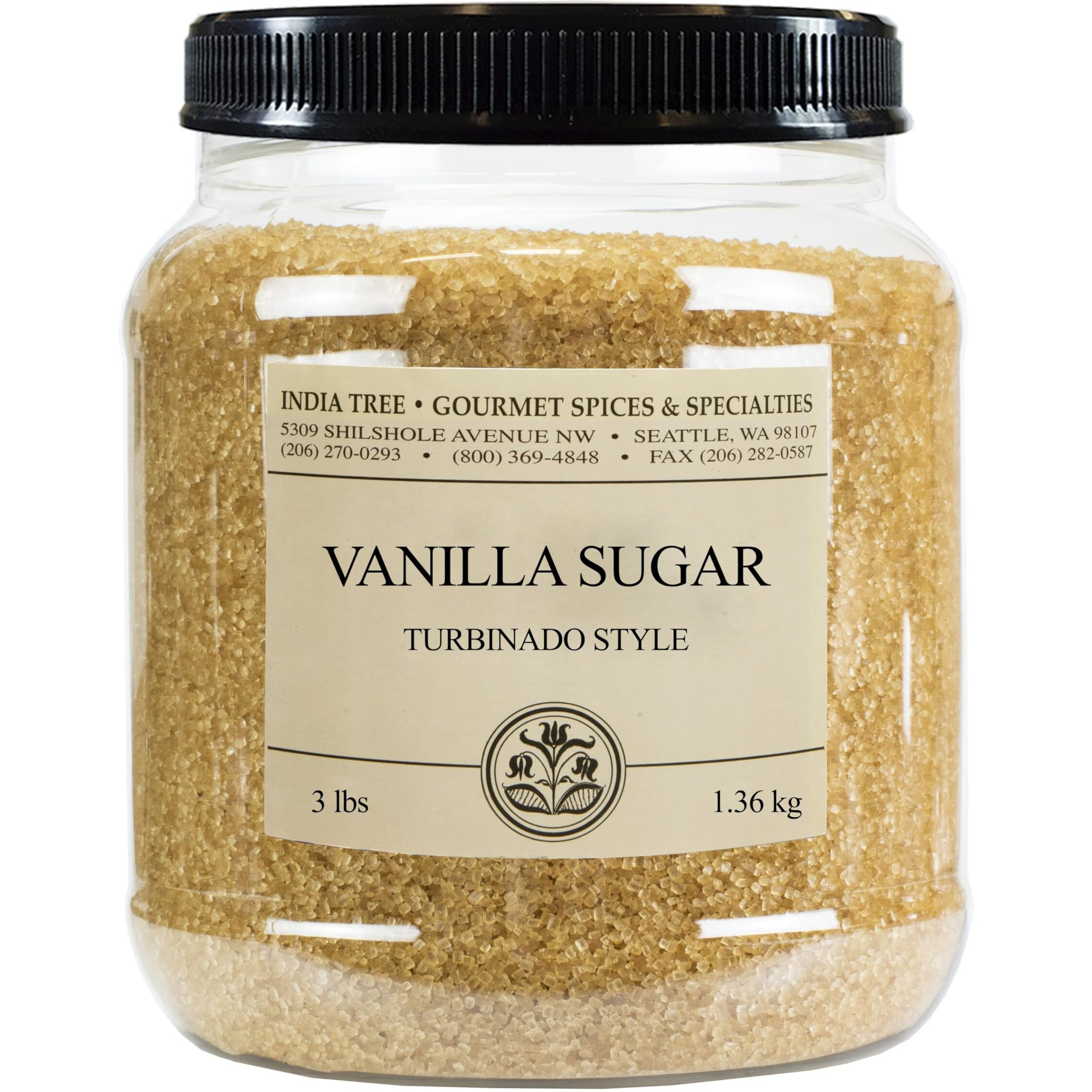 India Tree Turbinado Vanilla Sugar, 3-Pound Jar, With Real Bourbon Vanilla Bean, Baking, Cocktails, Crme Brule