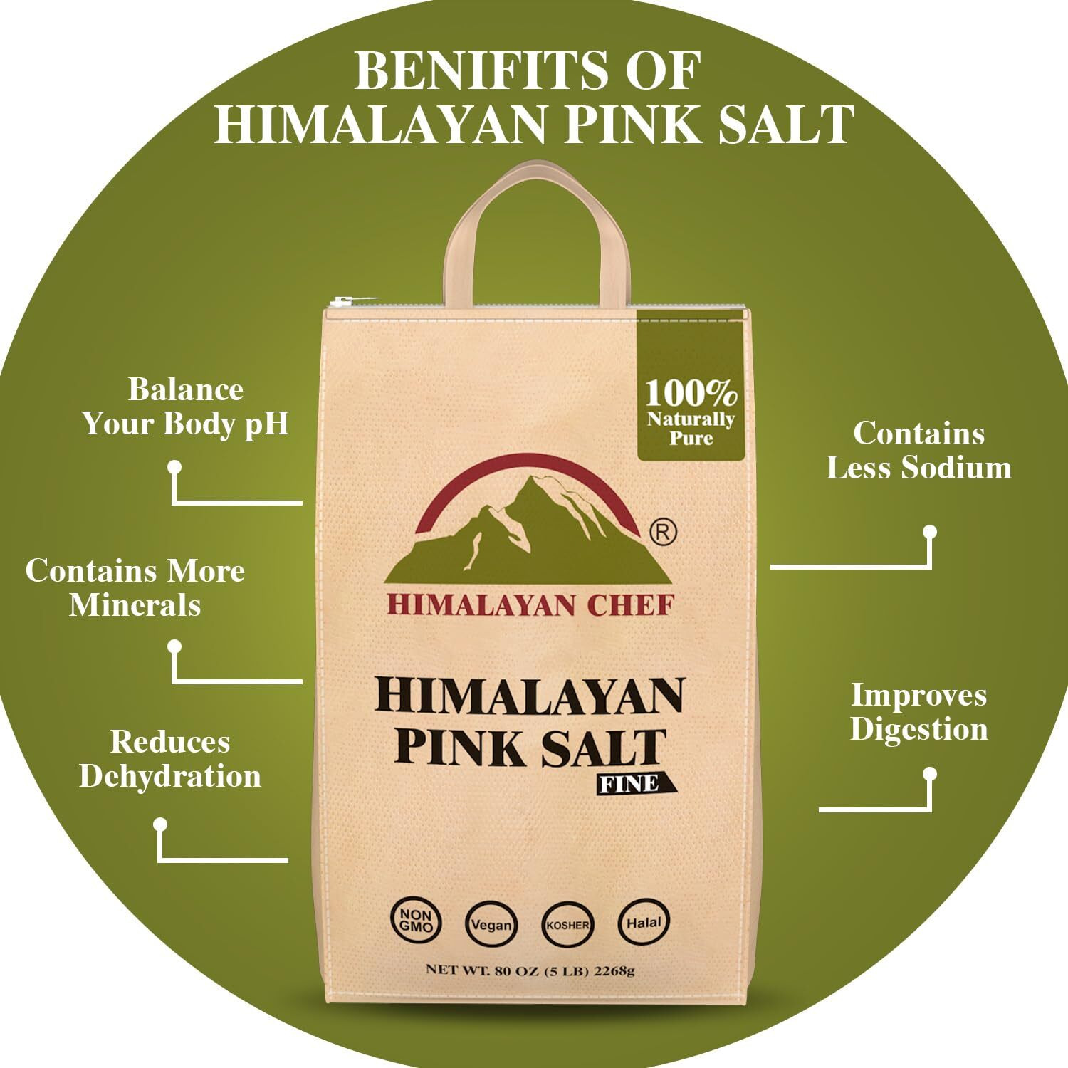 Himalayan Chef Himalayan Pink Salt - 5 Lbs Fine Grain Bulk Bag - Kosher And Vegan, 100% Natural And Pure Gourmet Crystal - Contains 84 Minerals