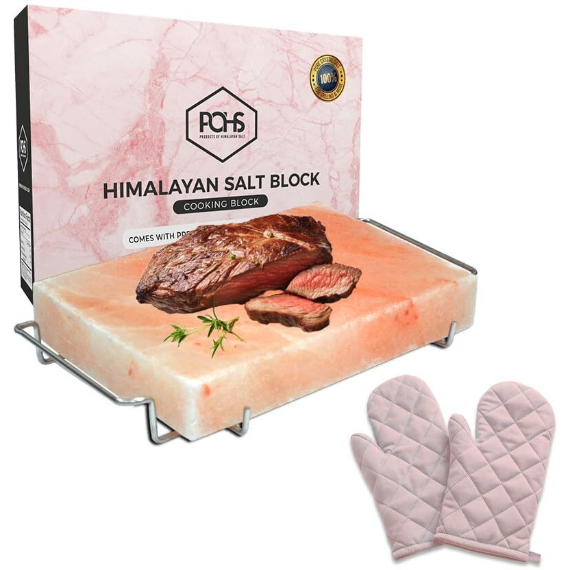 Pohs Himalayan Pink Rock Salt Block For Grilling, Searing, Cooking, Bbq, Hot And Cold Serving | Himalayan Salt Slab With Premium Quality Stainless Steel Holder (S.S Holder 12 X 8 X 2 Inches) With Gloves