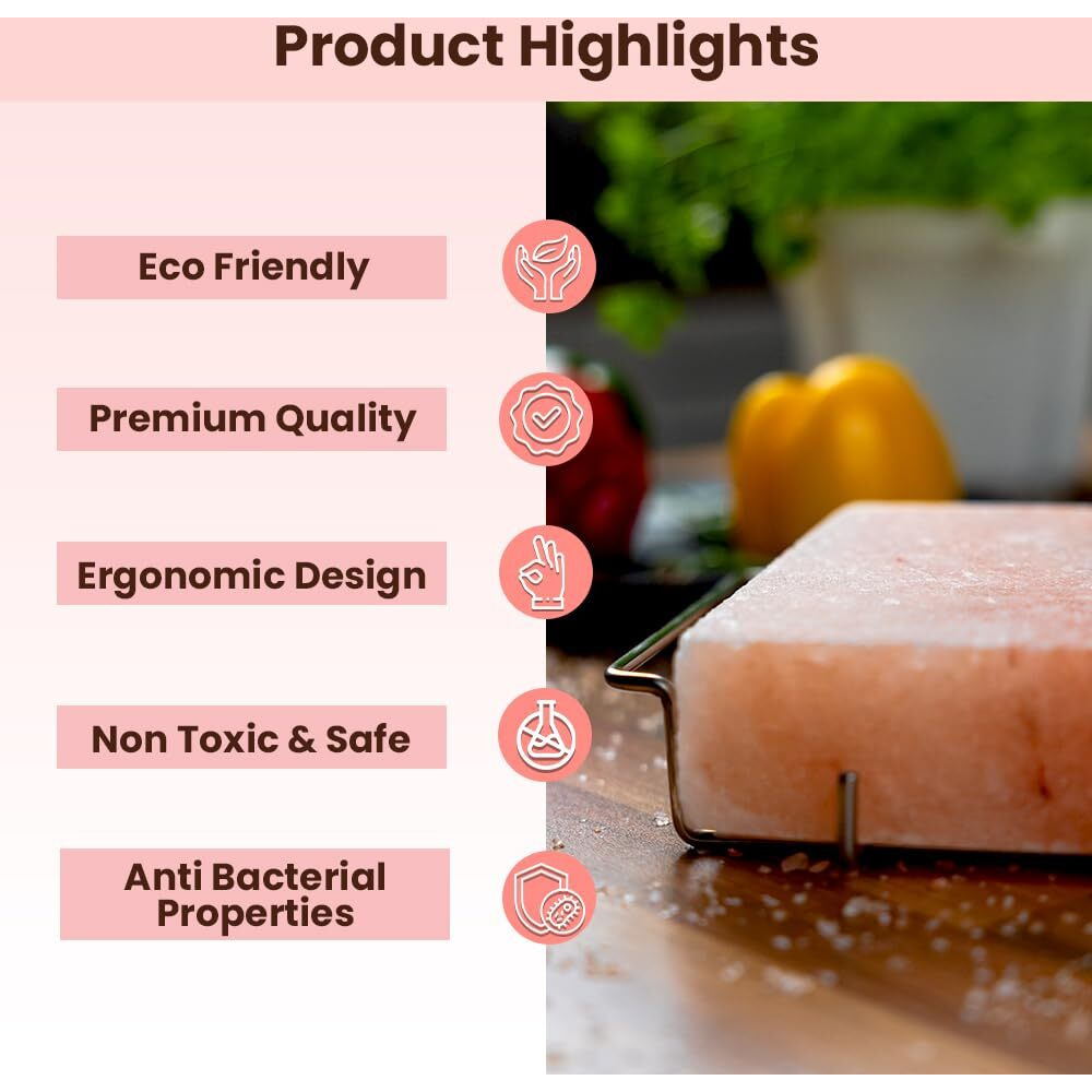 Pohs Himalayan Pink Rock Salt Block For Grilling, Searing, Cooking, Bbq, Hot And Cold Serving | Himalayan Salt Slab With Premium Quality Stainless Steel Holder (S.S Holder 12 X 8 X 2 Inches) With Gloves