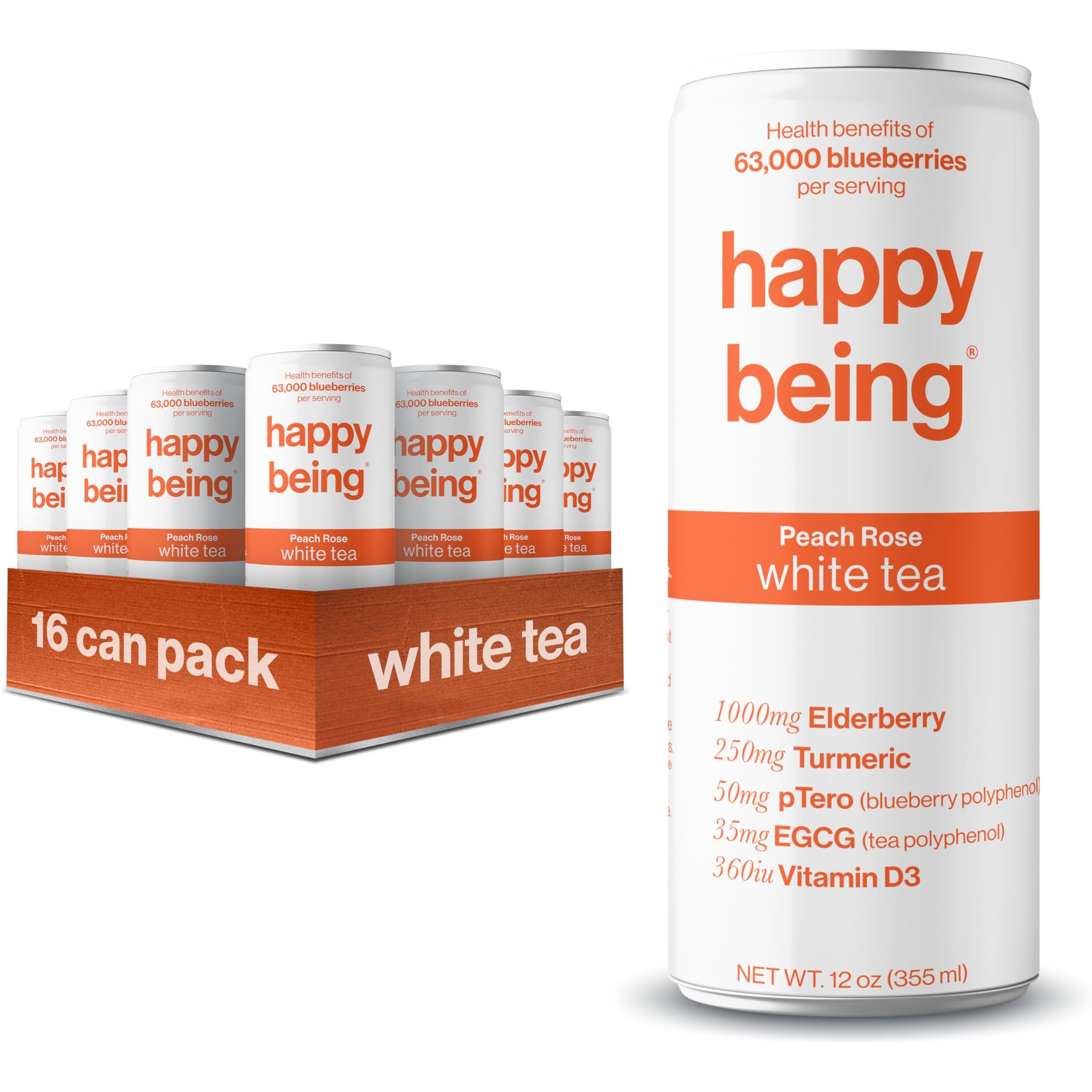 Happy Being Nutrient-Rich Organic Peach Rose White Tea - Infused With Turmeric, Elderberry, Vitamin D3, Caffeine Free, Plant-Based, Low Calorie & Low Sugar Drinks, 12Oz (16 Pack)