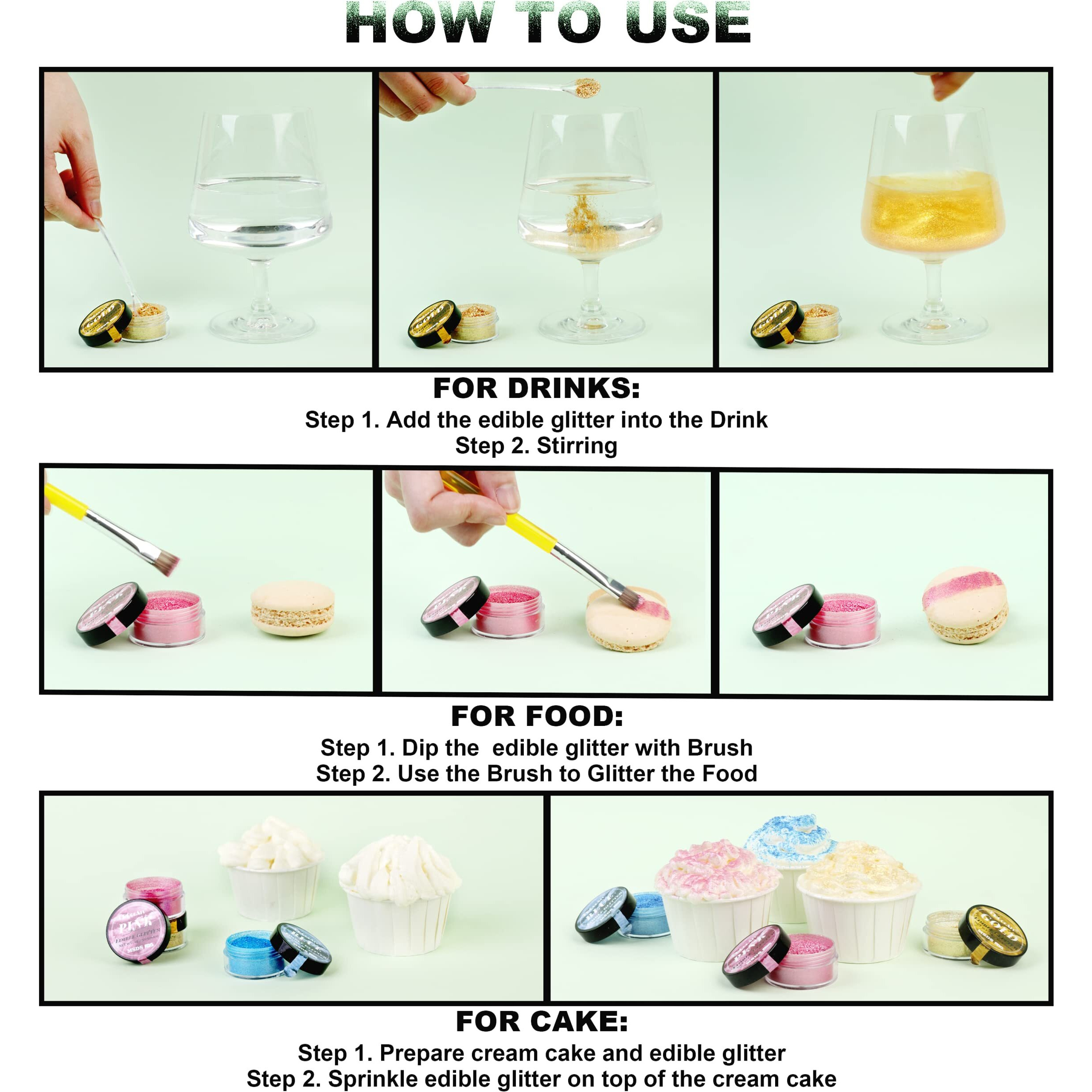 Edible Glitter For Drinks - 12 Colors Luster Dust Edible With Spoons Brushes, Food Grade Edible Glitter For Cake Decorating, Shimmering Edible Powder For Fondant, Chocolate, Strawberries, Candy - 4G