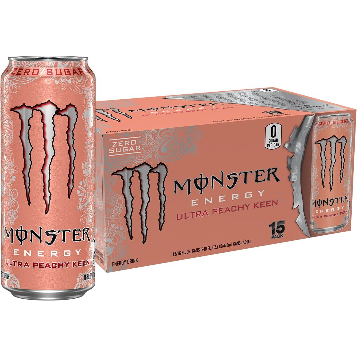 Monster Energy Ultra Peachy Keen, Sugar Free Energy Drink, 16 Oz (Pack Of 15)