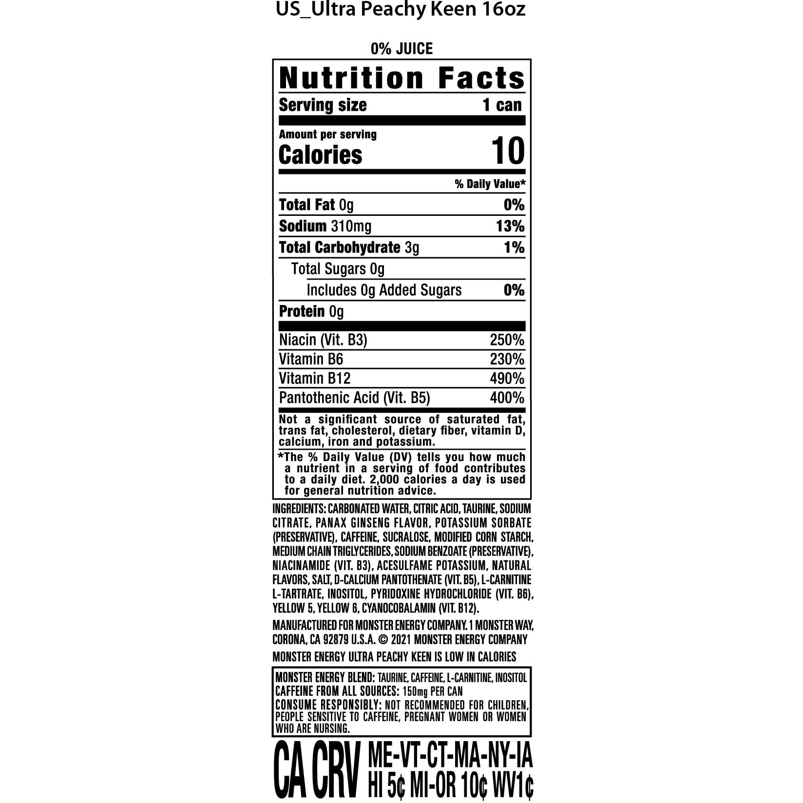 Monster Energy Ultra Peachy Keen, Sugar Free Energy Drink, 16 Oz (Pack Of 15)