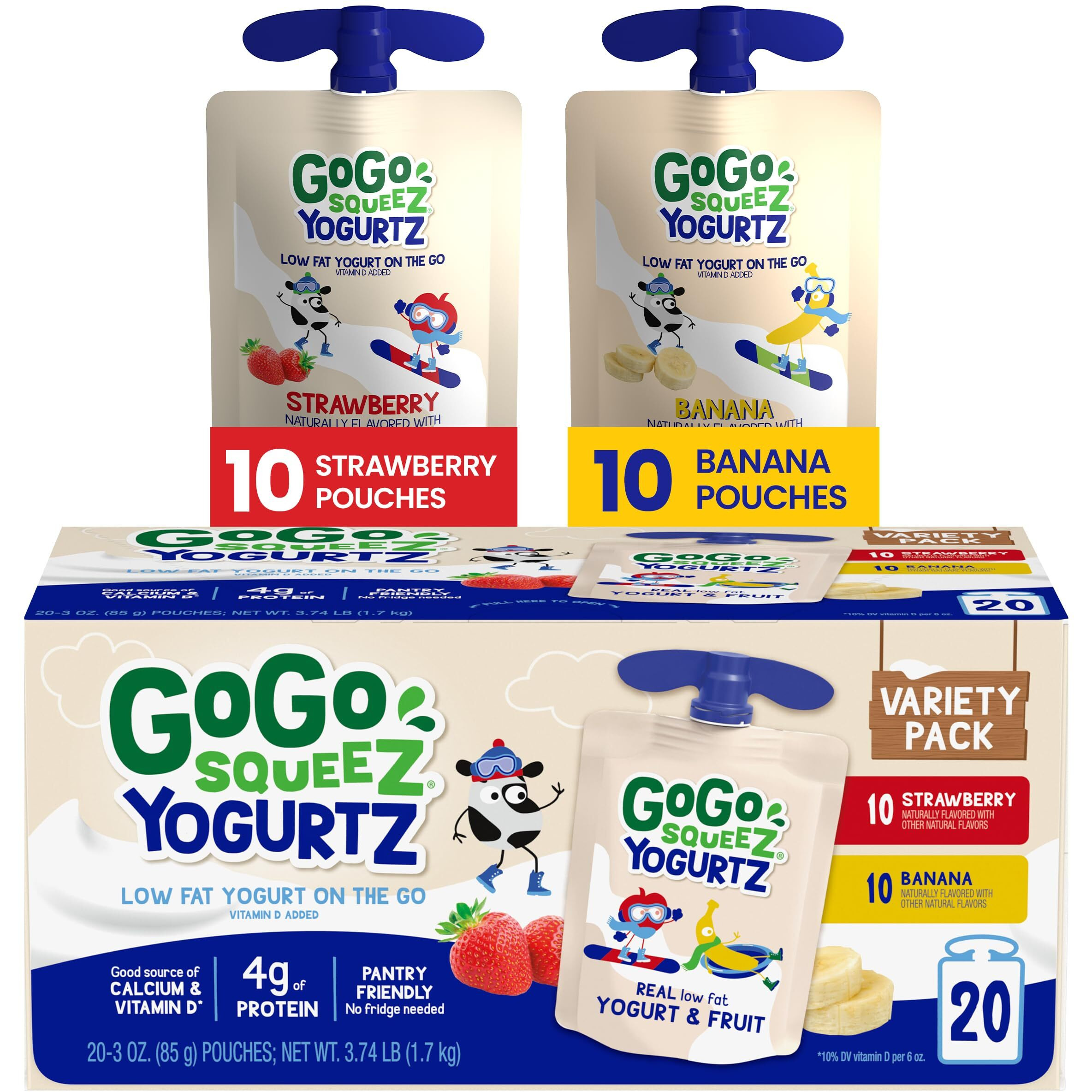 Gogo Squeez Yogurtz Variety Pack, Strawberry & Banana, 3 Oz (Pack Of 20), Kids Snacks Made From Real Yogurt And Fruit, No Fridge Needed, Gluten Free, Nut Free, Recloseable Cap, Bpa Free Pouches