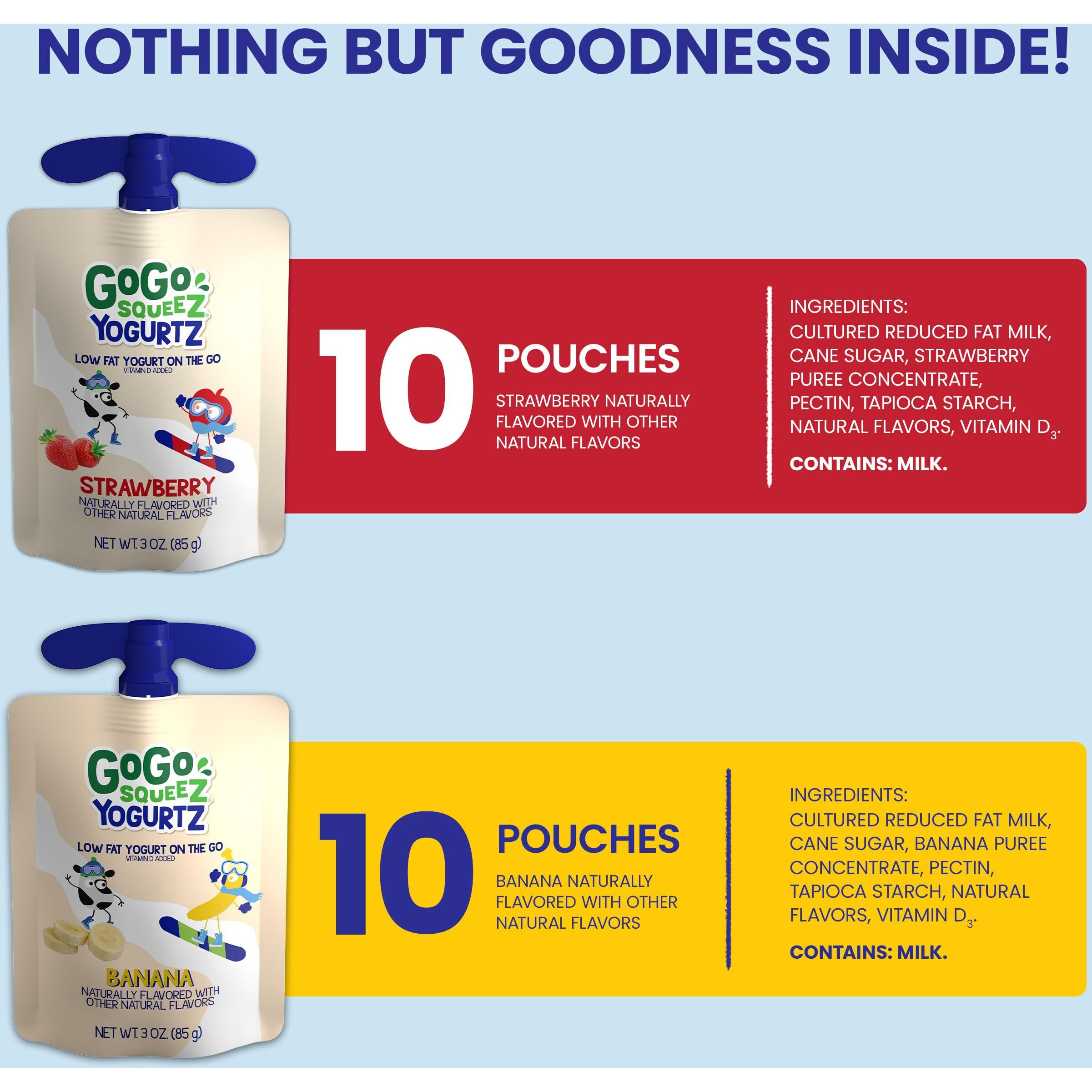 Gogo Squeez Yogurtz Variety Pack, Strawberry & Banana, 3 Oz (Pack Of 20), Kids Snacks Made From Real Yogurt And Fruit, No Fridge Needed, Gluten Free, Nut Free, Recloseable Cap, Bpa Free Pouches