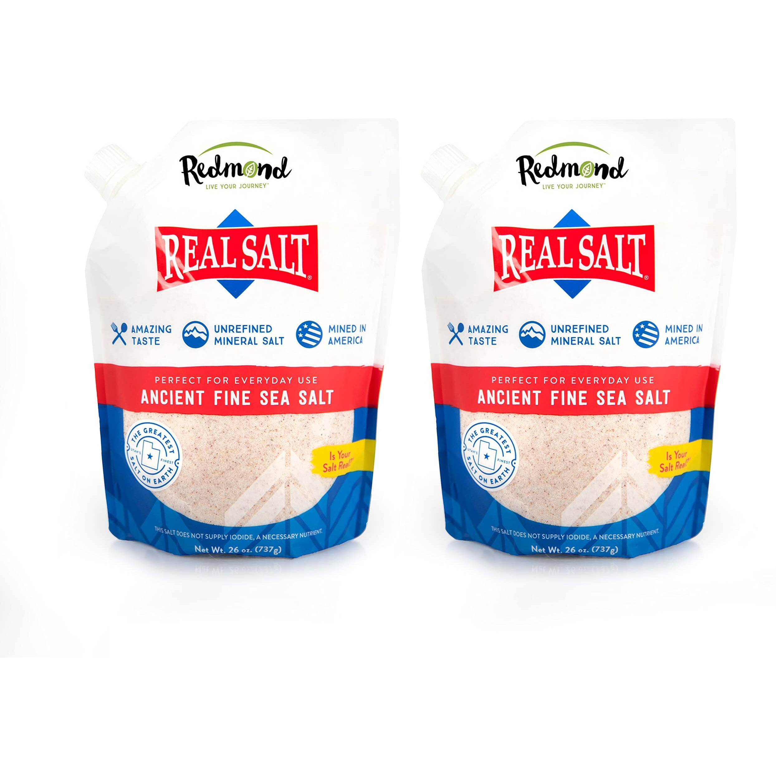 Redmond Real Salt - Ancient Fine Sea Salt, Unrefined Mineral Salt, 26 Ounce Pouch (2 Pack)