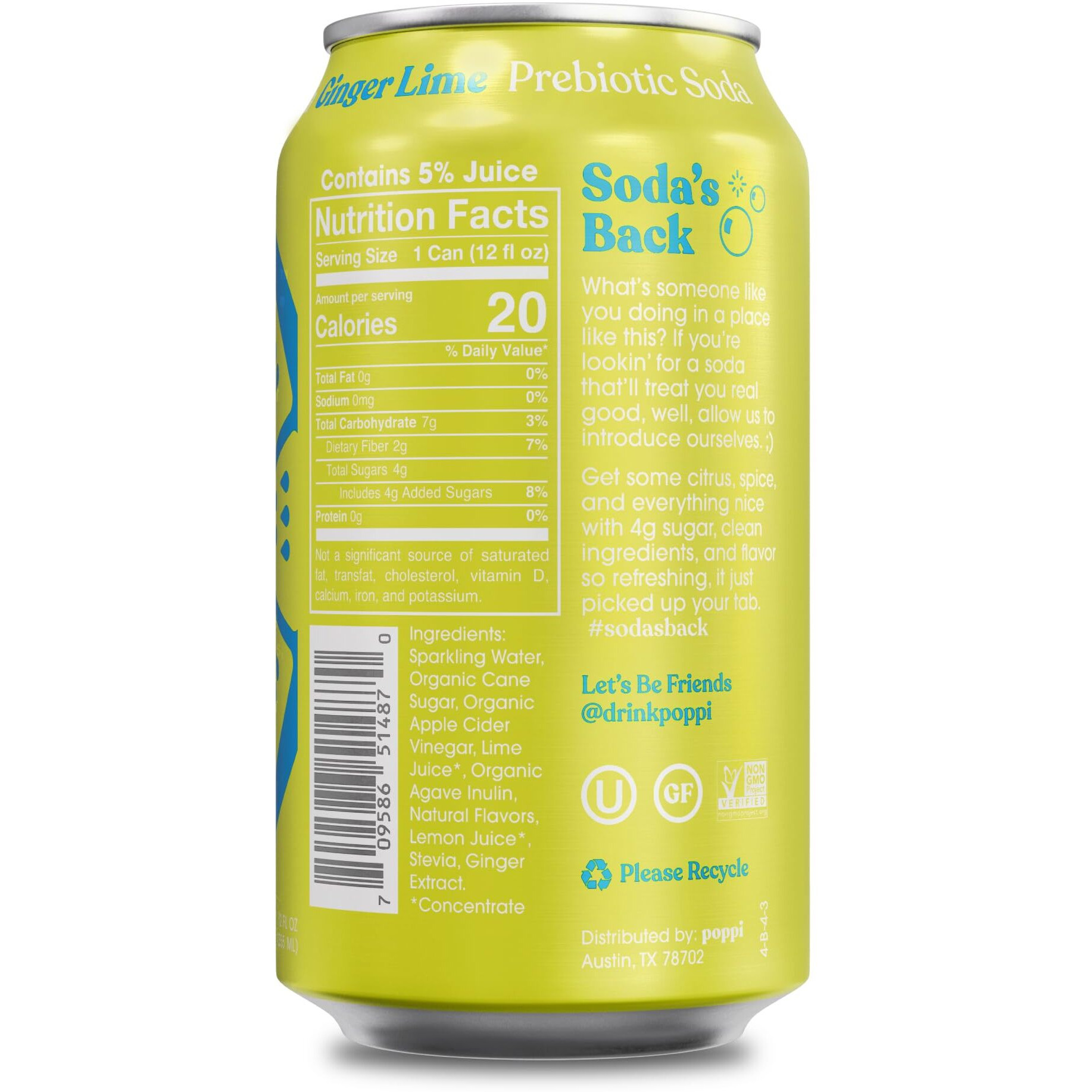 Poppi Sparkling Prebiotic Soda, Beverages W/Apple Cider Vinegar, Seltzer Water & Fruit Juice, Ginger Lime, 12Oz (12 Pack)