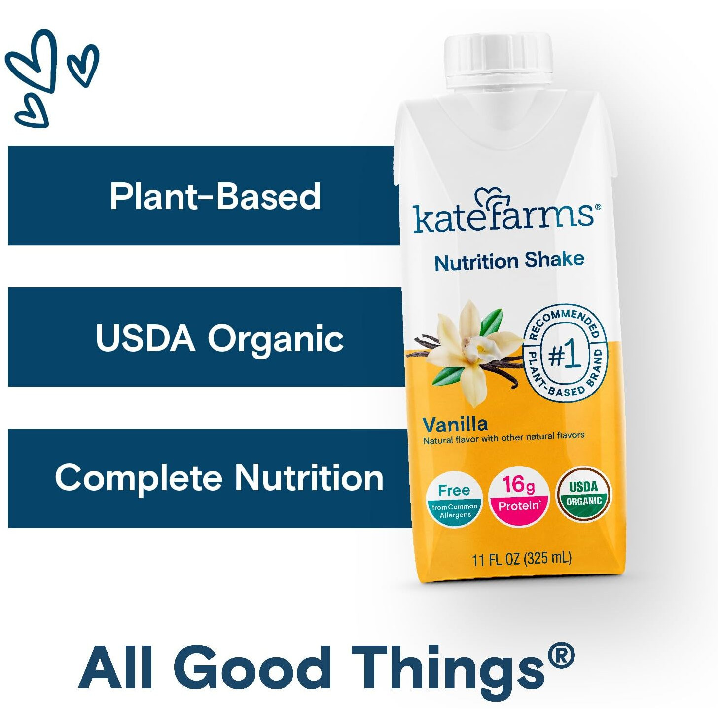 Kate Farms Organic Nutrition Shake, Vanilla, 16G Protein, 27 Vitamins And Minerals, Protein Meal Replacement Drink, Protein Shake, 11 Oz (12 Pack)
