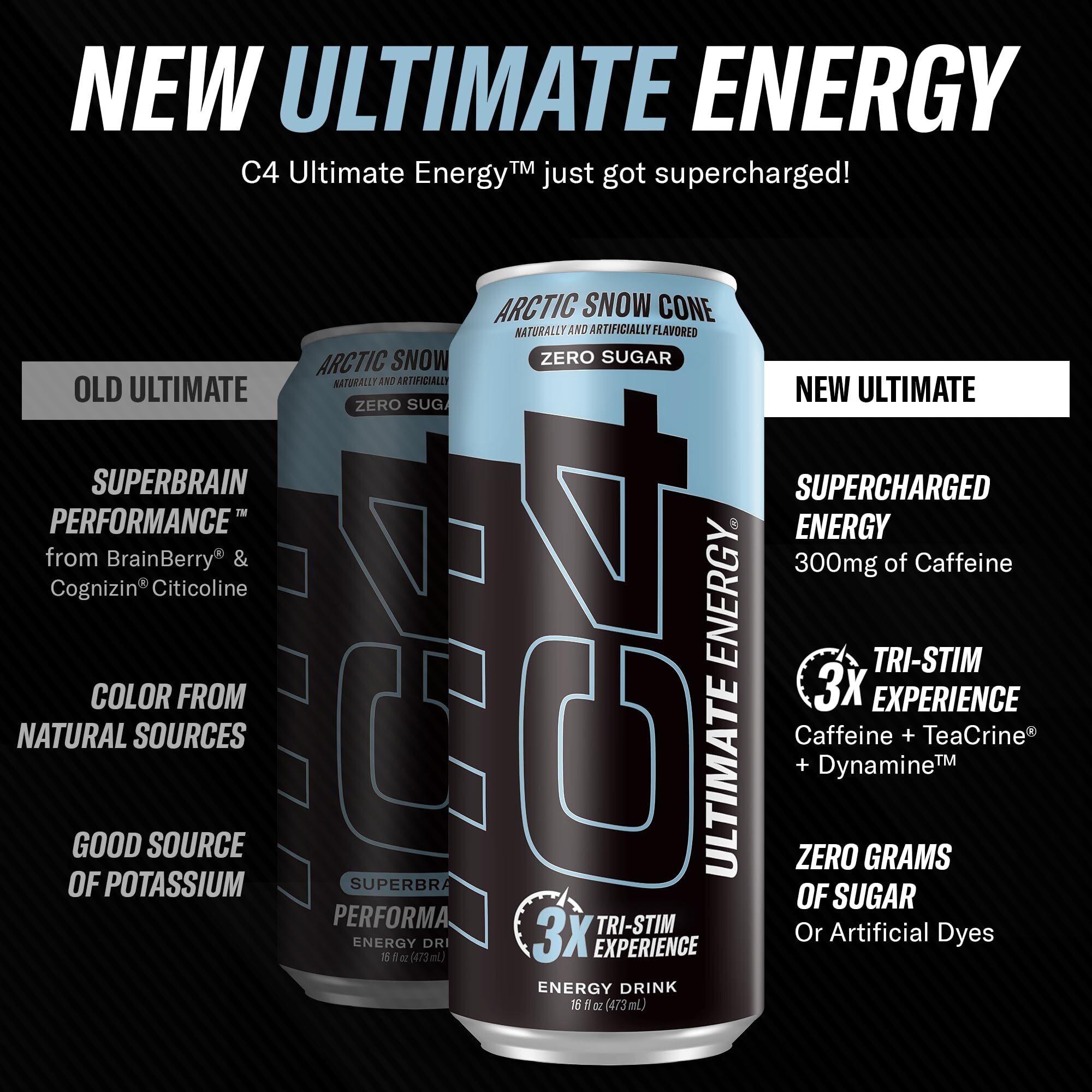 C4 Ultimate Sugar Free Energy Drink 16Oz (Pack Of 12) | Arctic Snow Cone | Pre Workout Performance Drink With No Artificial Colors Or Dyes