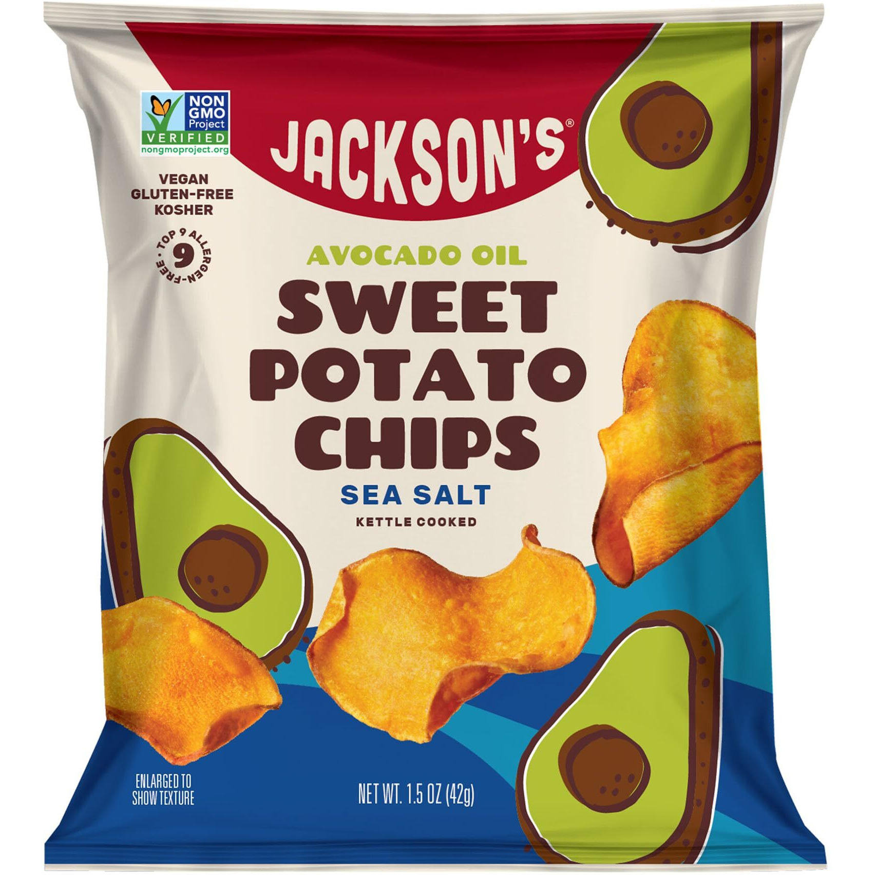 Jacksons Sweet Potato Kettle Chips With Sea Salt Made With Premium Avocado Oil (1.5 Oz, Pack Of 10) - Allergen-Friendly, Gluten Free, Peanut Free, Vegan, Paleo Friendly - Shark Tank Product