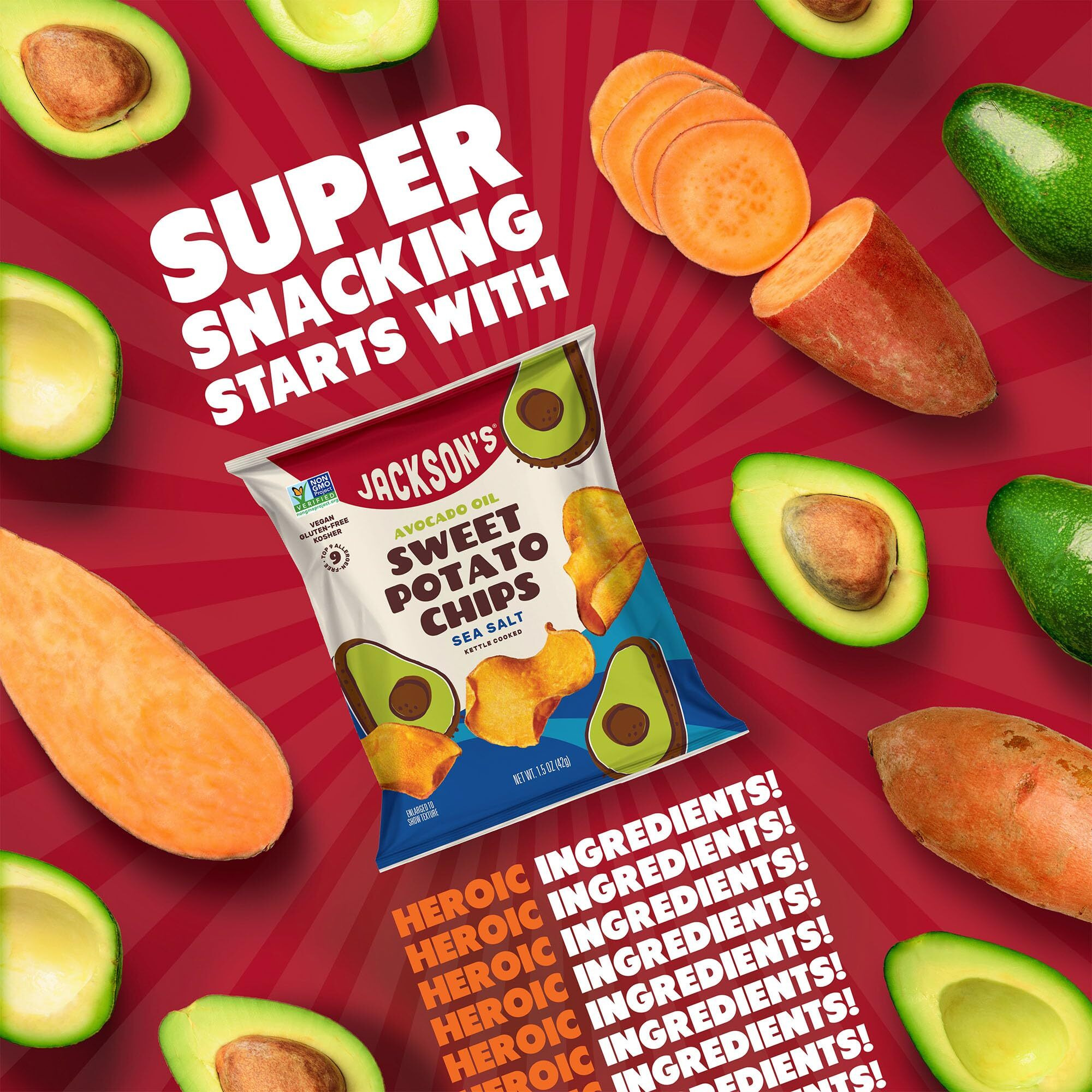 Jacksons Sweet Potato Kettle Chips With Sea Salt Made With Premium Avocado Oil (1.5 Oz, Pack Of 10) - Allergen-Friendly, Gluten Free, Peanut Free, Vegan, Paleo Friendly - Shark Tank Product