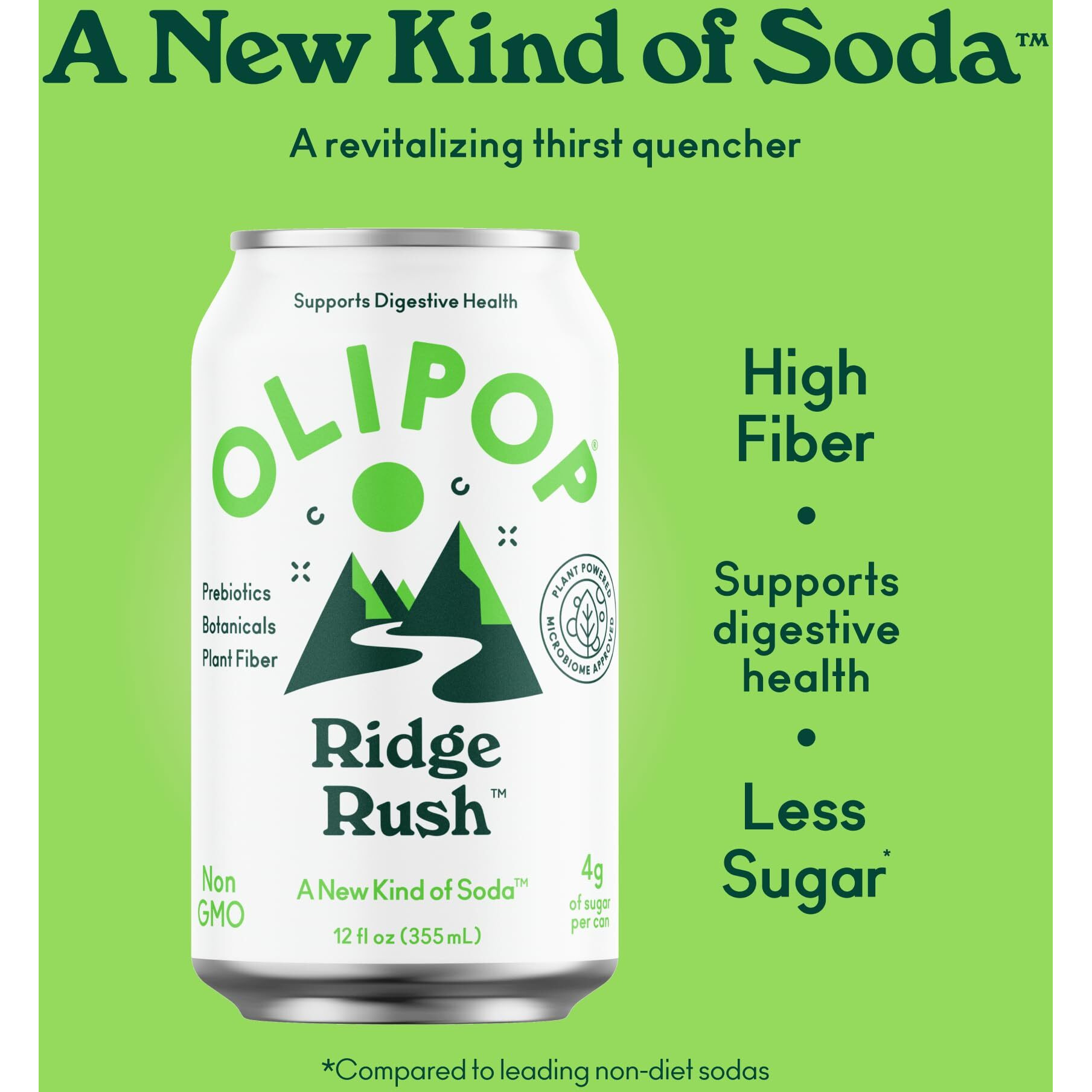 Olipop Prebiotic Soda, Ridge Rush, Blend Of Prebiotics, Botanicals, Plant Fiber, 12 Fl Oz (12 Cans)