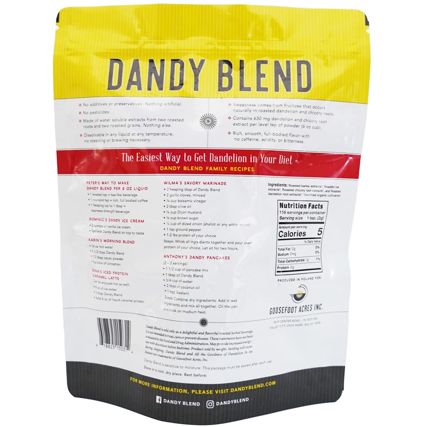 156 Cup Bag Of Certified Organic Dandy Blend Instant Herbal Beverage With Dandelion, 11 Oz. (312G) Bag