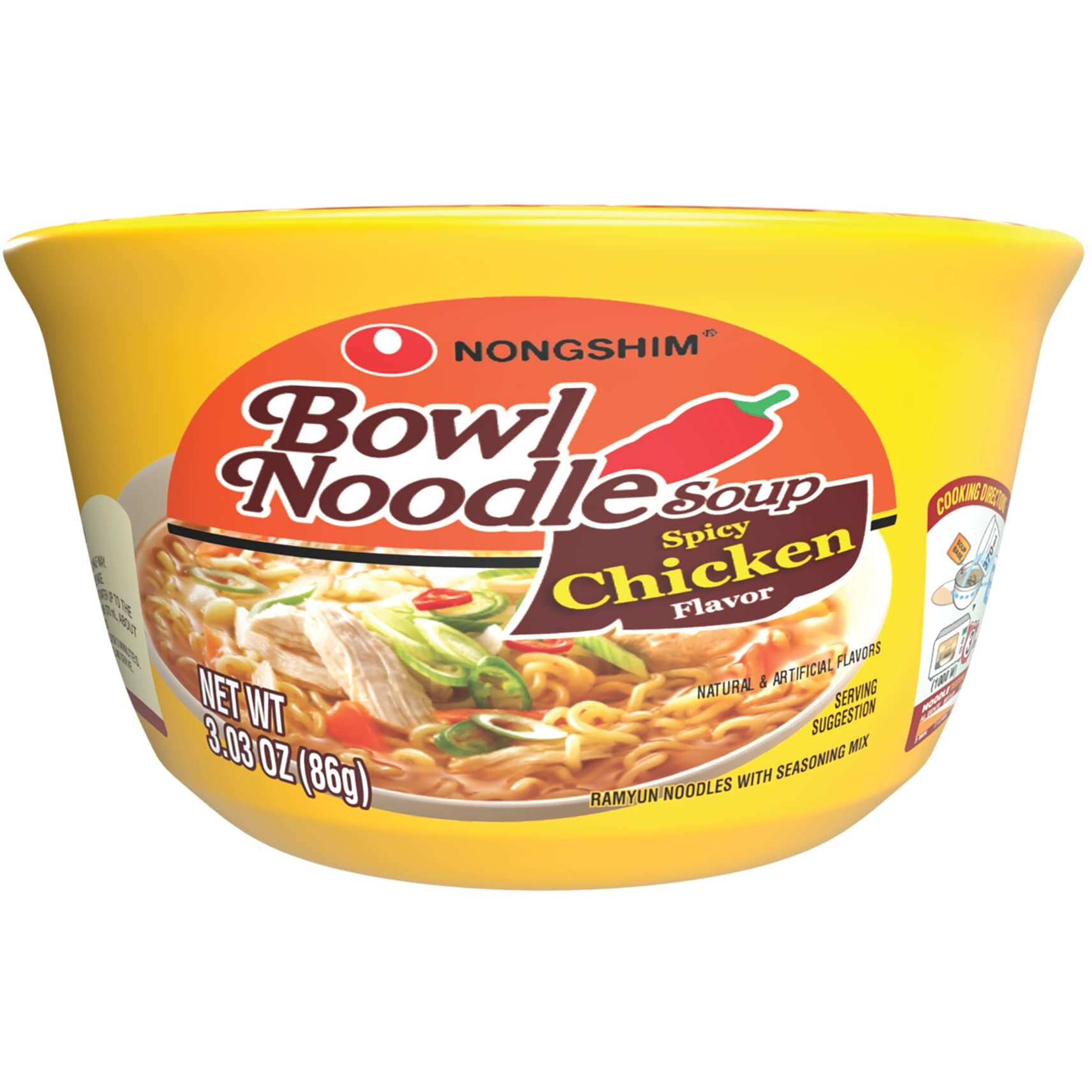 Nongshim Spicy Chicken Noodle Soup Instant Ramen, 12 Pack, Korean Microwaveable Bowl Soup Mix, Ramyun With Veggies, Sabor A Pollo