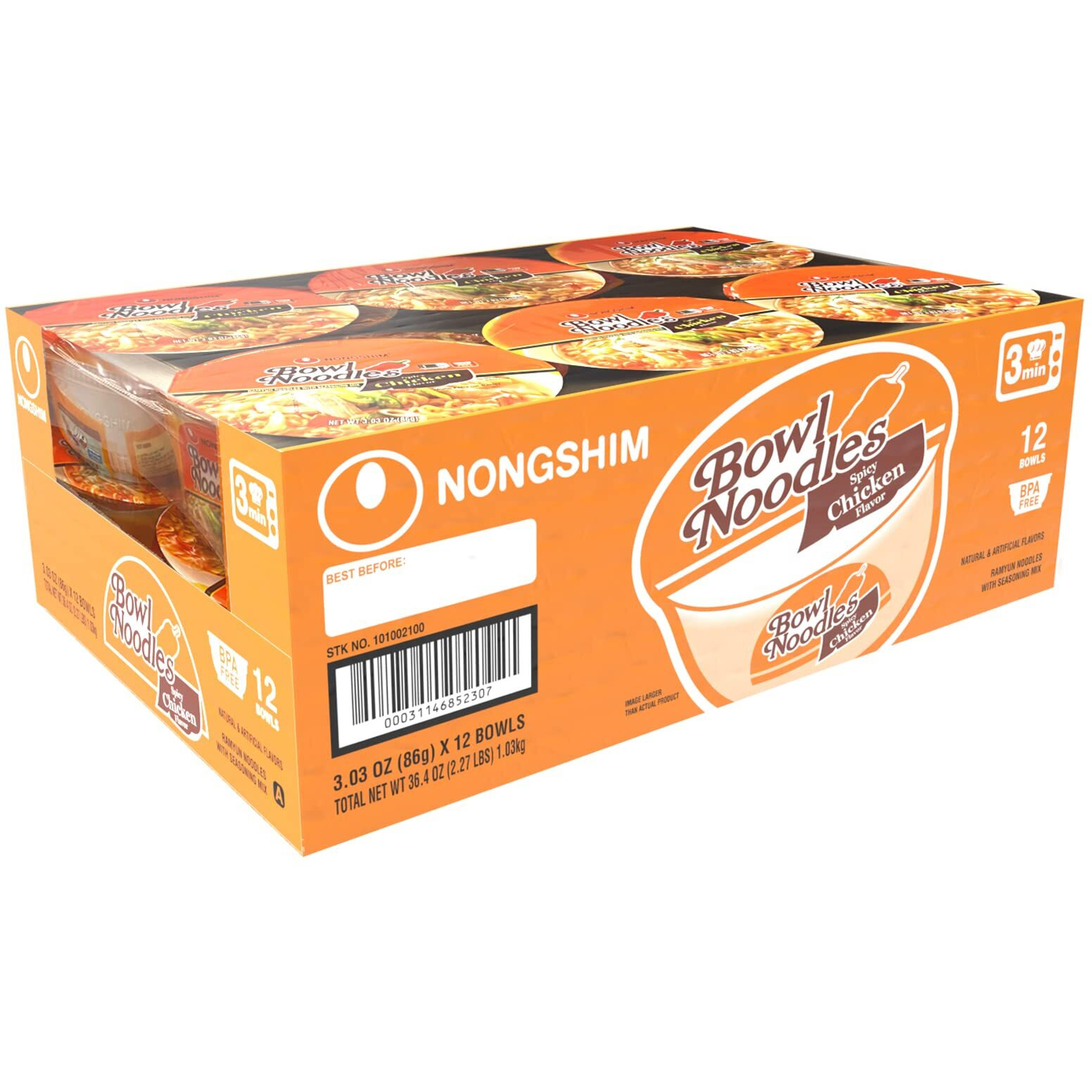 Nongshim Spicy Chicken Noodle Soup Instant Ramen, 12 Pack, Korean Microwaveable Bowl Soup Mix, Ramyun With Veggies, Sabor A Pollo