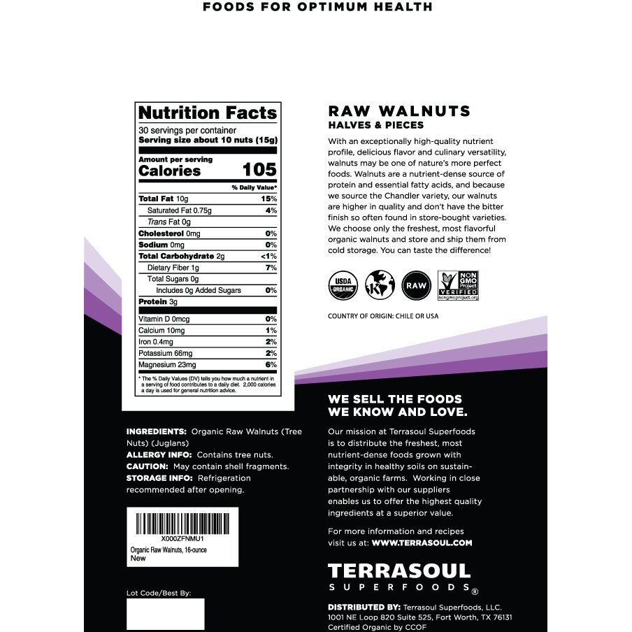 Terrasoul Superfoods Raw Organic Walnuts, 16 Oz - Chandler Variety | Fresh | Light Color