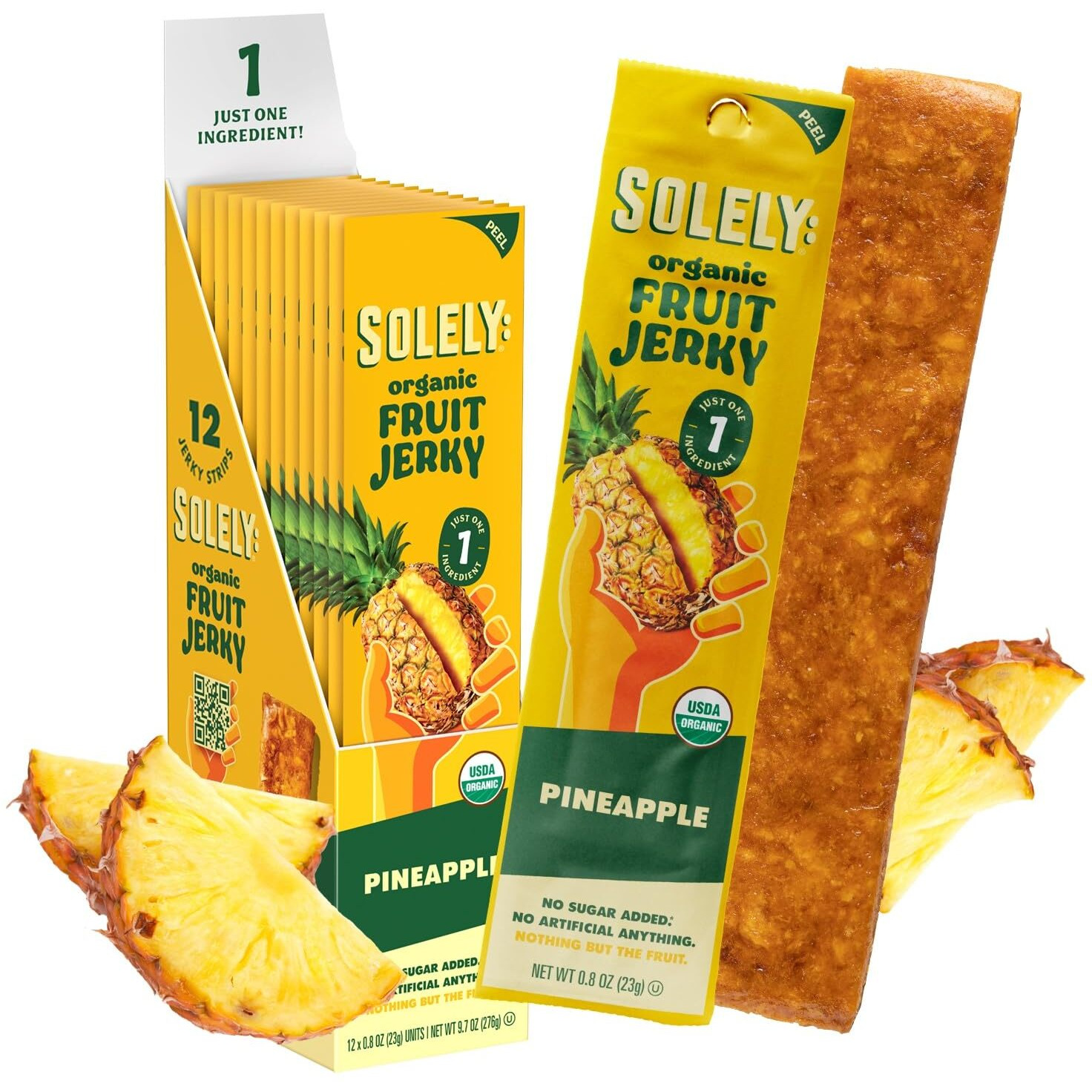 Solely - Organic Pineapple Fruit Jerky - 12 Individually Wrapped Fruit Strips - Fruit Leather Made From Dried Fruit - Healthy Snacks For Adults & Kids - Non Gmo, Vegan Snacks - 0.8Oz (23G)