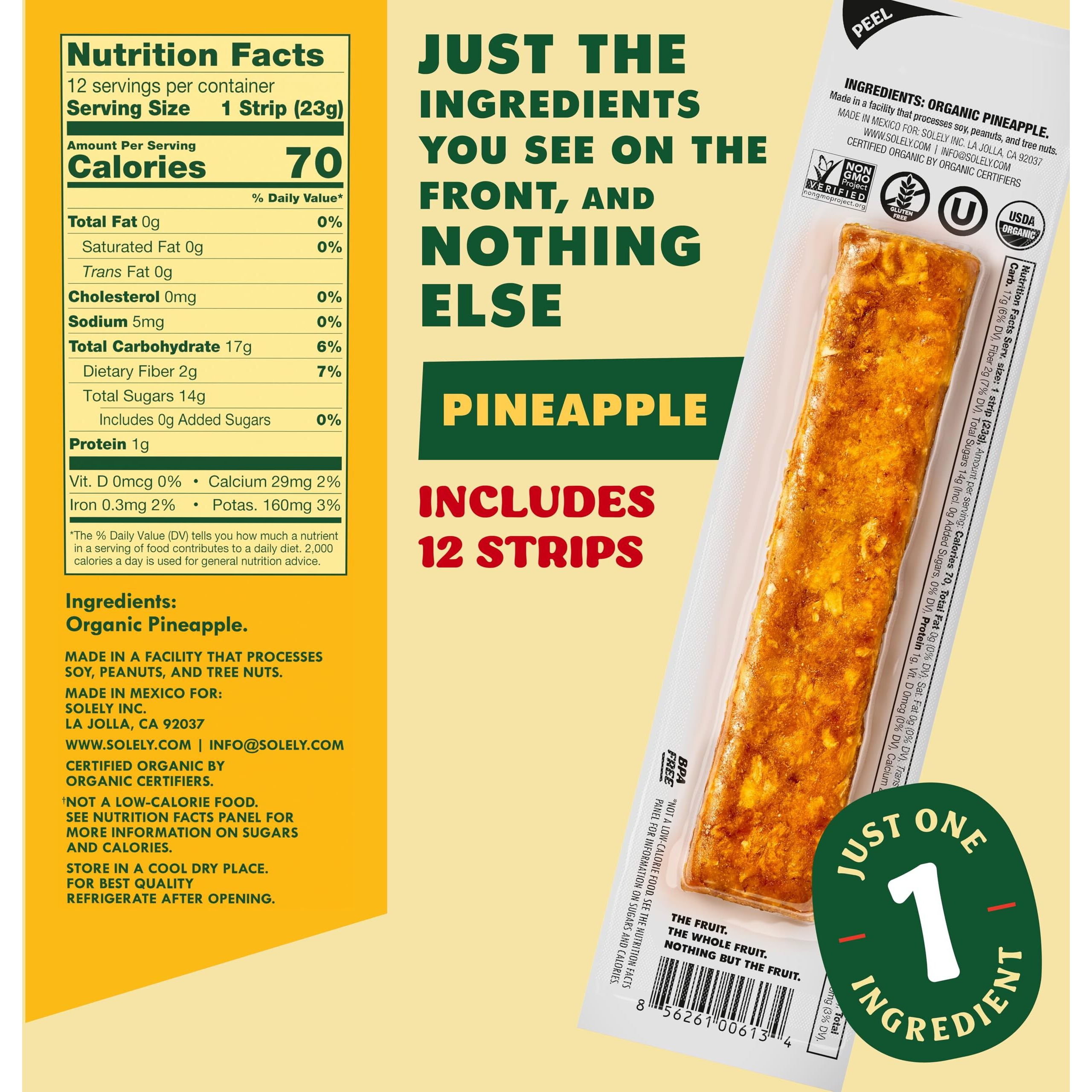 Solely - Organic Pineapple Fruit Jerky - 12 Individually Wrapped Fruit Strips - Fruit Leather Made From Dried Fruit - Healthy Snacks For Adults & Kids - Non Gmo, Vegan Snacks - 0.8Oz (23G)