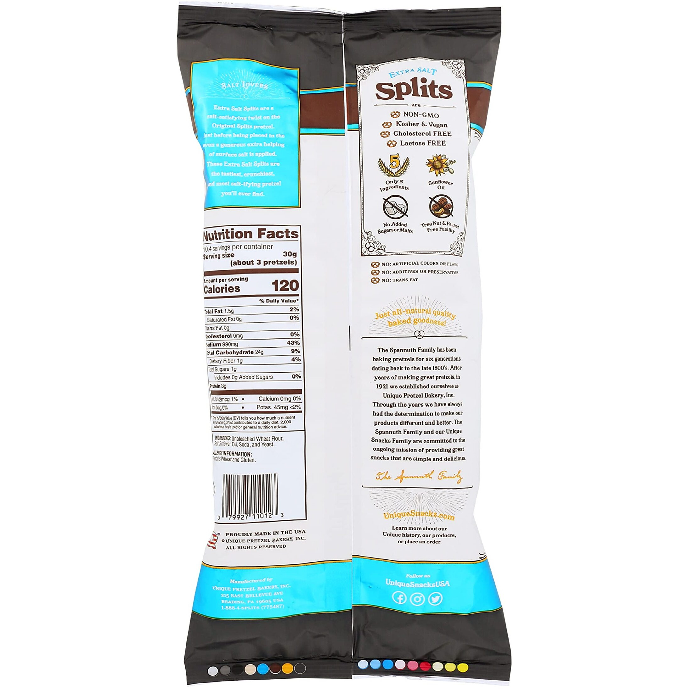 Unique Snacks Extra Salt Splits Pretzels, Original Split-Open Pretzels, Delicious Homestyle Baked Snack Bag, Ou Kosher, And Non-Gmo Food, No Artificial Flavor, 11 Oz. Bag, Pack Of 6