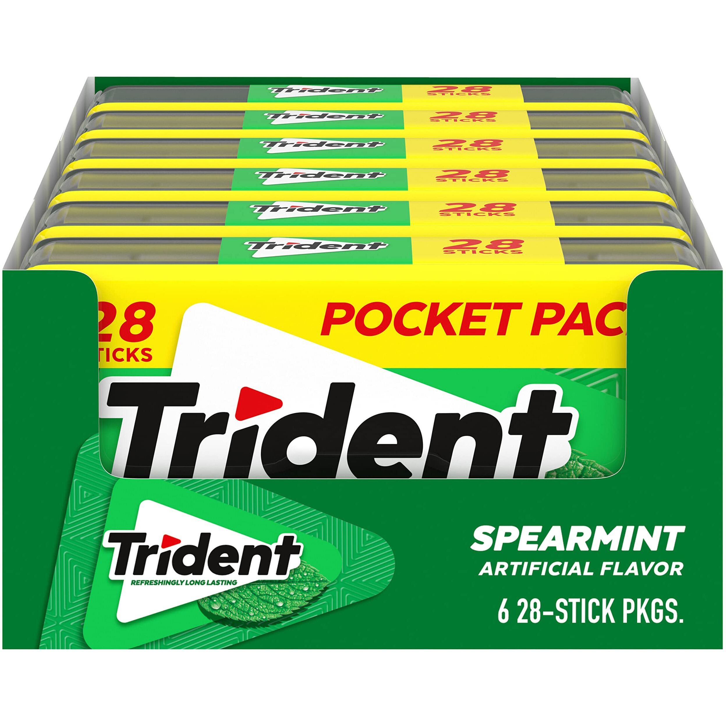 Trident Spearmint Sugar Free Gum, 6 Pocket Packs Of 28 Pieces (168 Total Pieces)