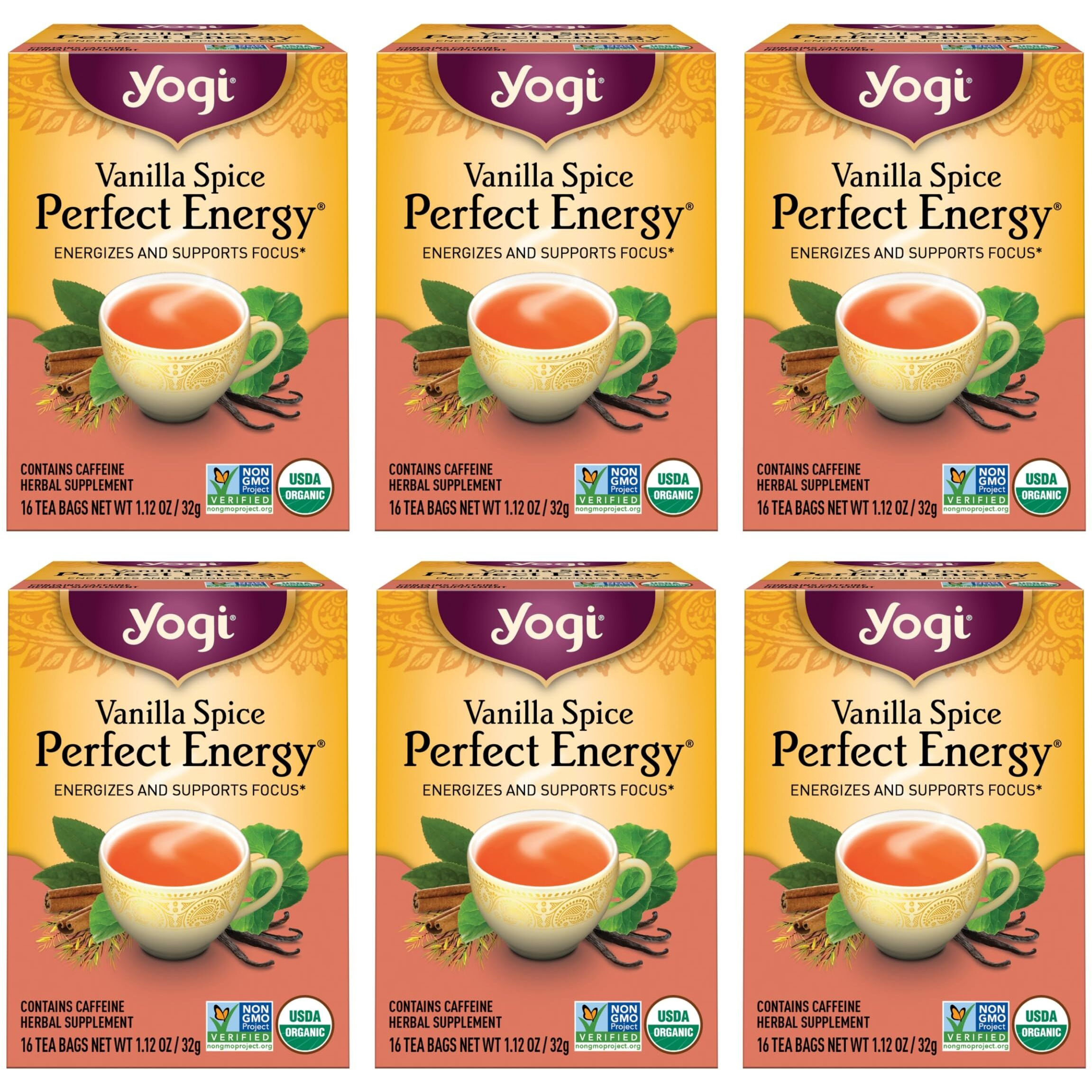 Yogi Tea Vanilla Spice Perfect Energy Tea - 16 Tea Bags Per Pack (6 Packs) - Organic Vanilla Energy Tea - Focus Tea - Includes Green Tea, Black Tea, Ashwagandha, L-Theanine & More