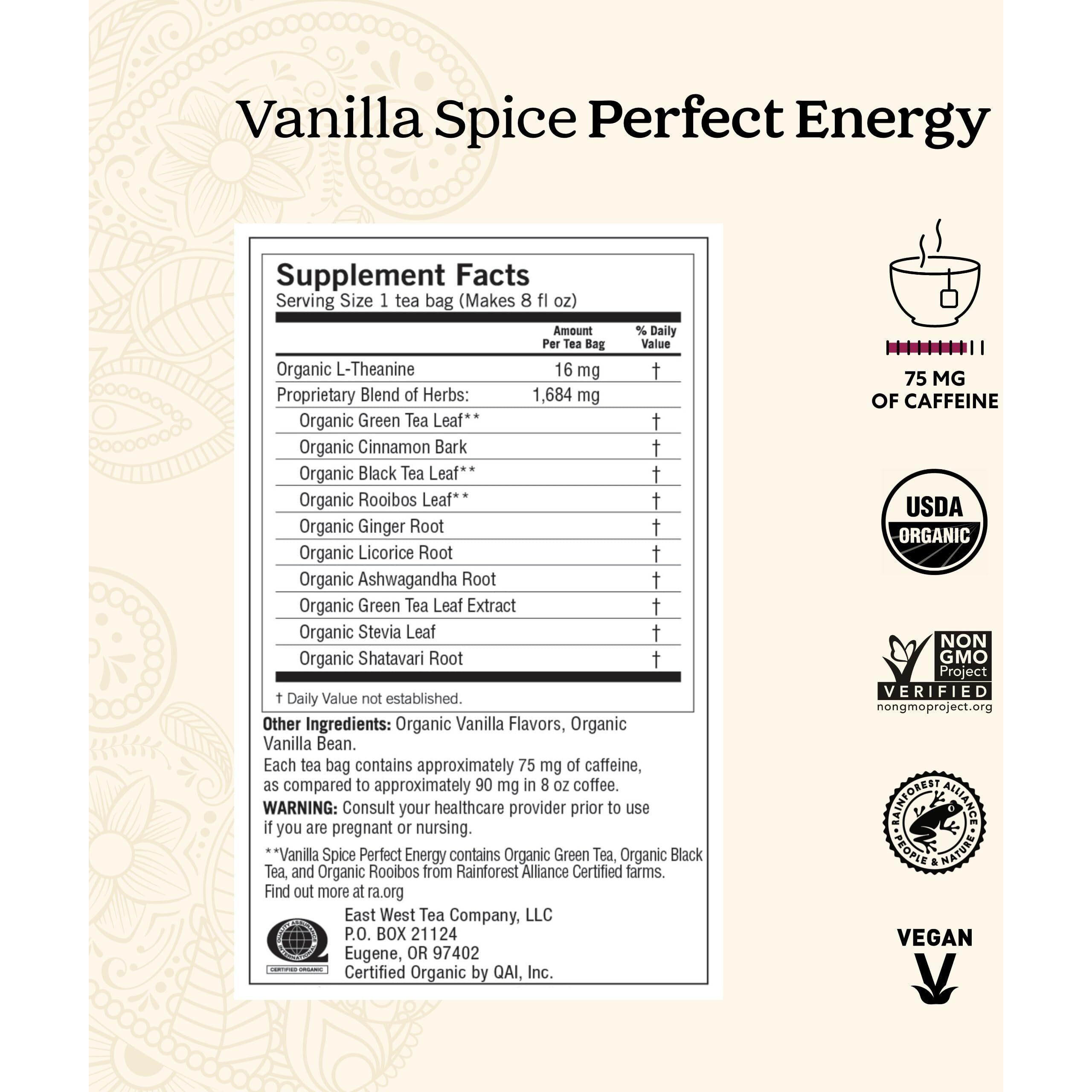Yogi Tea Vanilla Spice Perfect Energy Tea - 16 Tea Bags Per Pack (6 Packs) - Organic Vanilla Energy Tea - Focus Tea - Includes Green Tea, Black Tea, Ashwagandha, L-Theanine & More