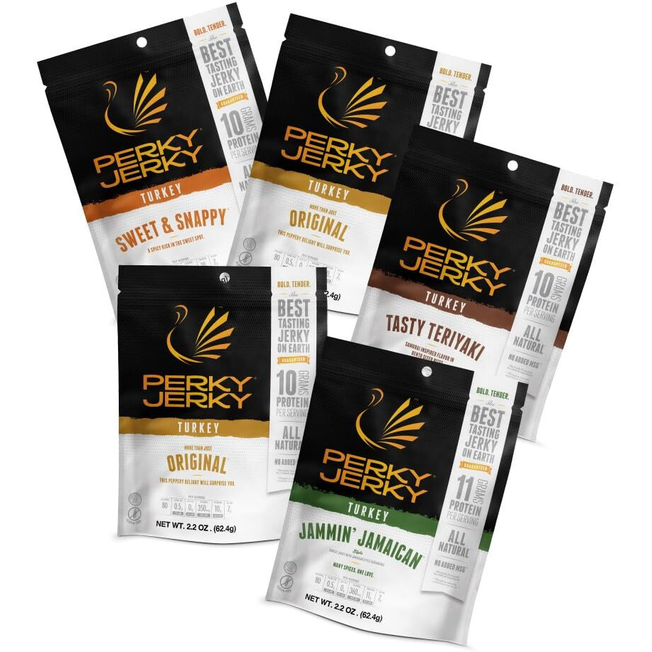 Perky Jerky Turkey Jerky Variety, 2.2 Oz (Pack Of 5) - Low Sodium - 7-10G Protein Per Serving - Low Fat - 100% U.S. Sourced - Non-Gmo