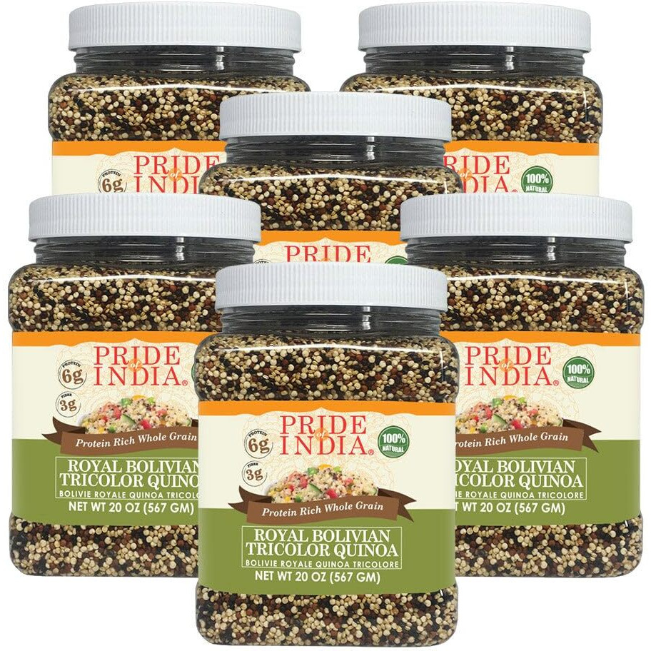 Pride Of India - Pack Of 6 - Natural Three Color Quinoa - 100% Royal Bolivian Superior Grade Protein Rich Whole Grain, 1.25 Pound (20Oz) Jar