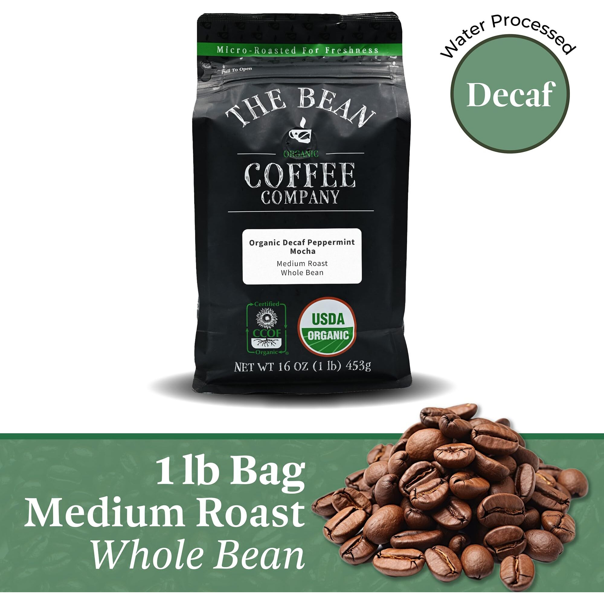 The Bean Organic Coffee Company Water Processed Decaf Peppermint Mocha, Medium Roast, Whole Bean Coffee, 16-Ounce Bag