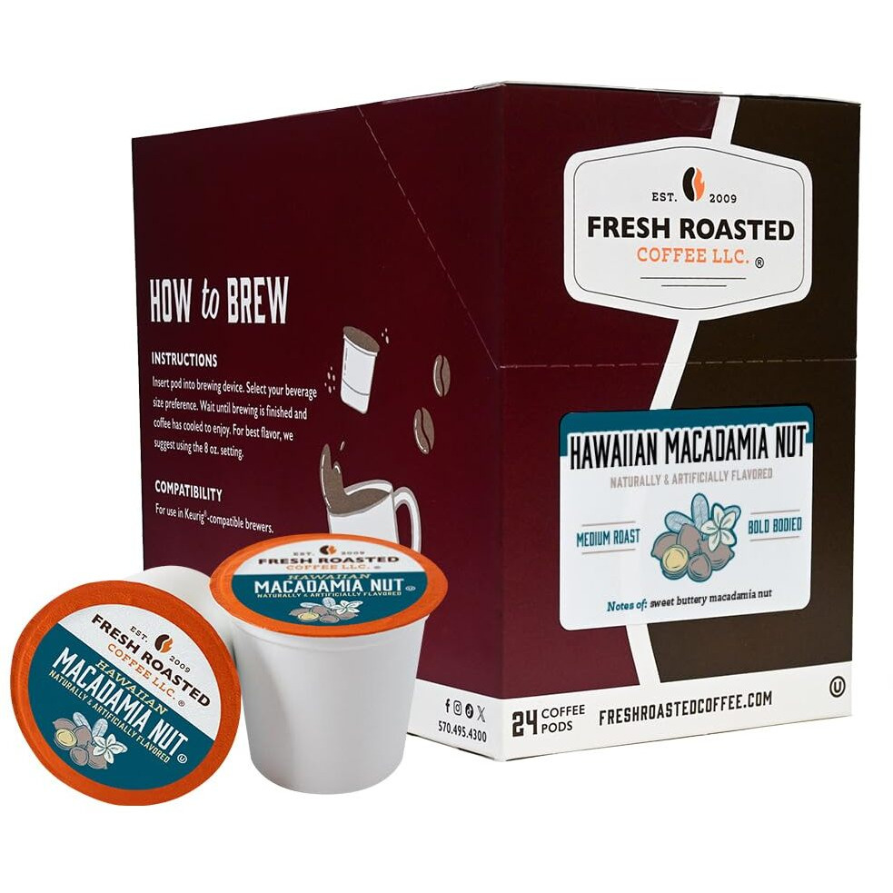 Fresh Roasted Coffee, Hawaiian Macadamia Nut, Flavored Coffee Pods, K-Cup Compatible, 24 Count