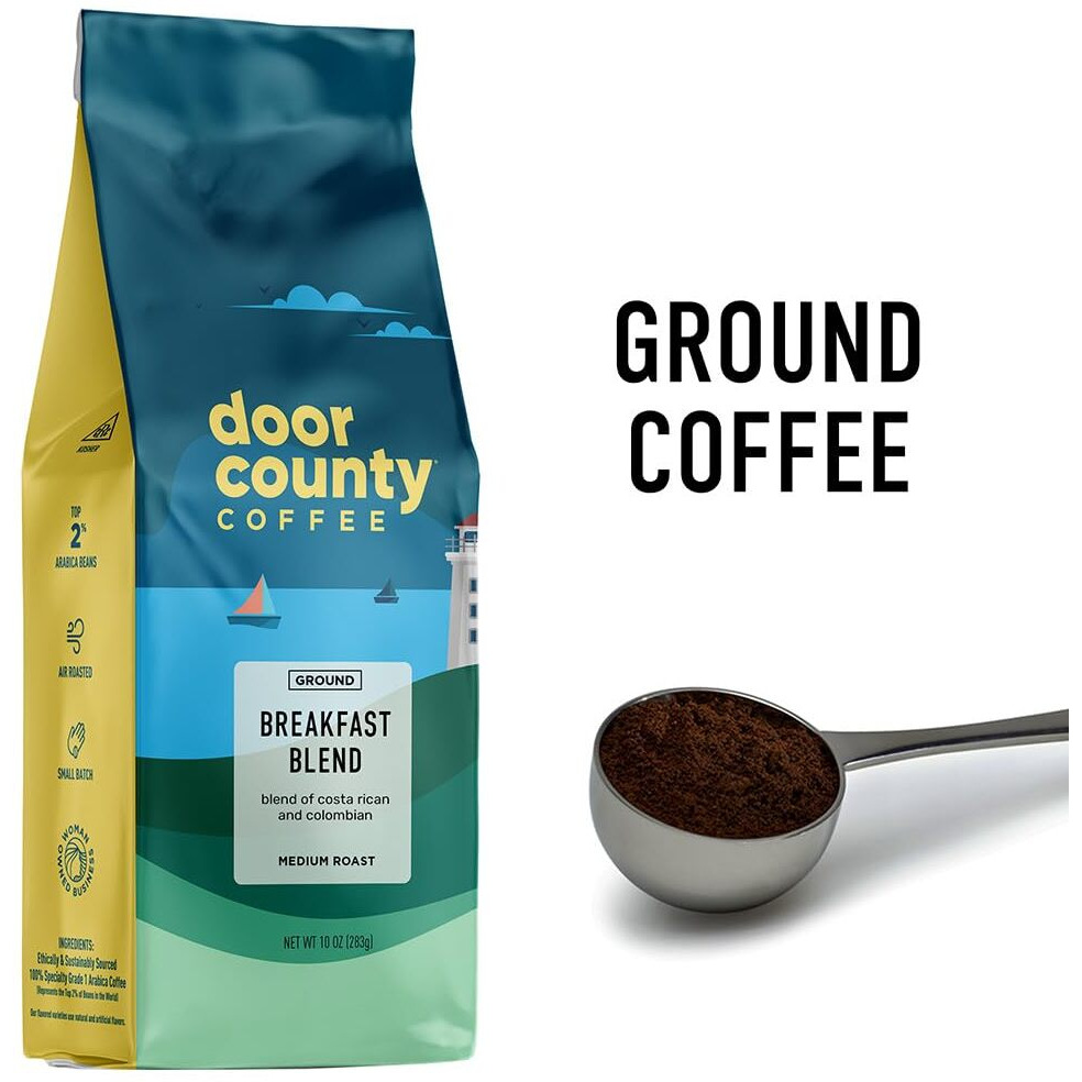 Door County Coffee Breakfast Blend Non-Flavored Coffee Ground | 10 Oz Bag | Non-Flavored Ground Coffee Medium Roast | 100% Specialty Arabica Coffee Ground | Non-Flavored Gourmet Coffee | Breakfast Blend Coffee