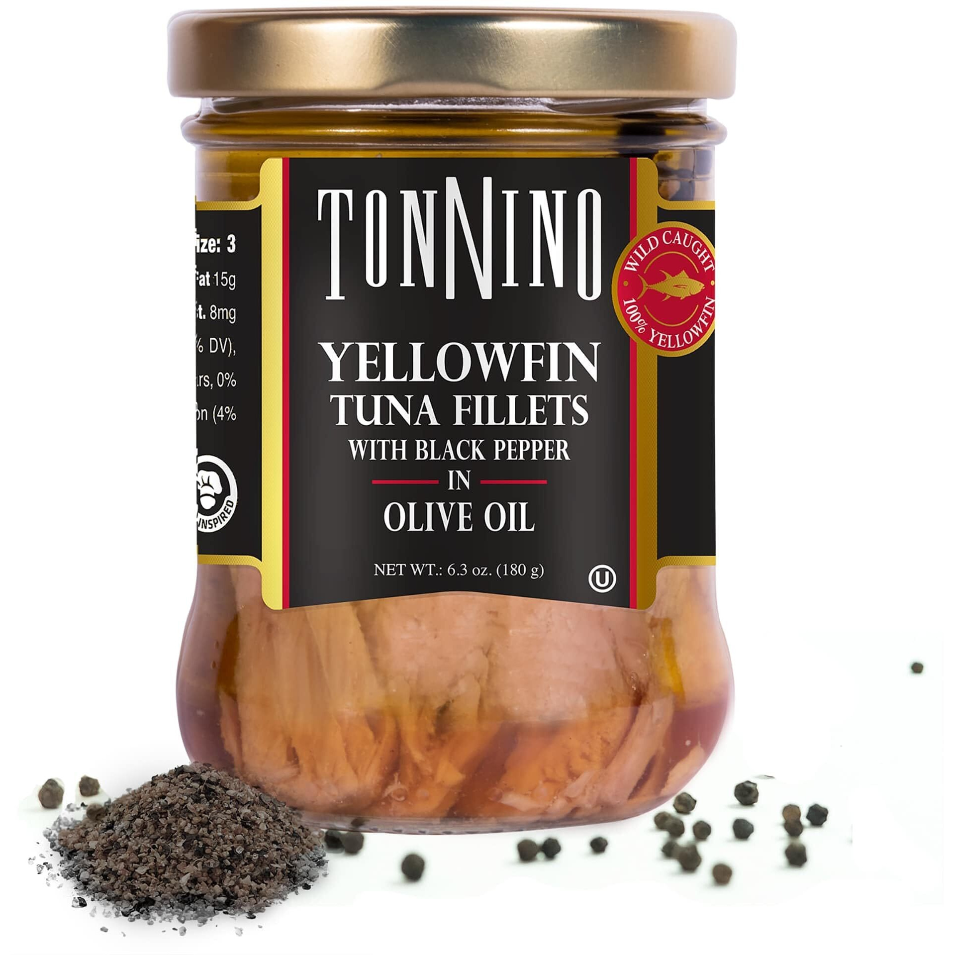Tonnino Yellowfin Tuna In Olive Oil With Black Pepper 6.3 Oz - Gourmet 6-Pack Omega-3, High Protein, Gluten-Free, Ready-To-Eat Tuna Packets For Tuna Salad, Tuna Fish Alternative To Salmon