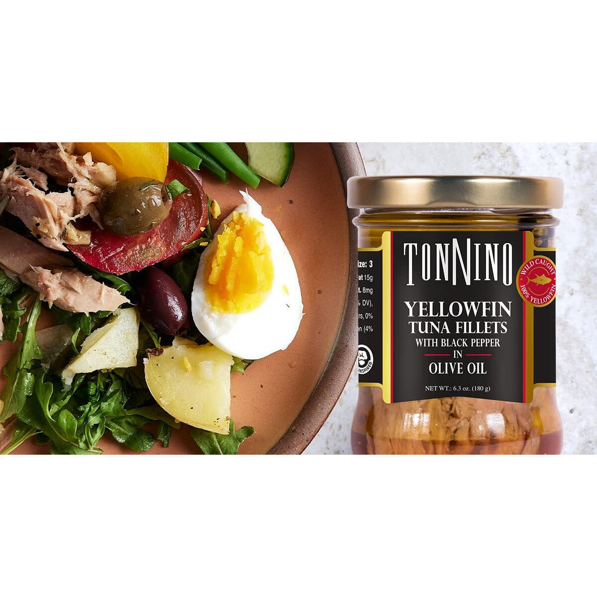 Tonnino Yellowfin Tuna In Olive Oil With Black Pepper 6.3 Oz - Gourmet 6-Pack Omega-3, High Protein, Gluten-Free, Ready-To-Eat Tuna Packets For Tuna Salad, Tuna Fish Alternative To Salmon