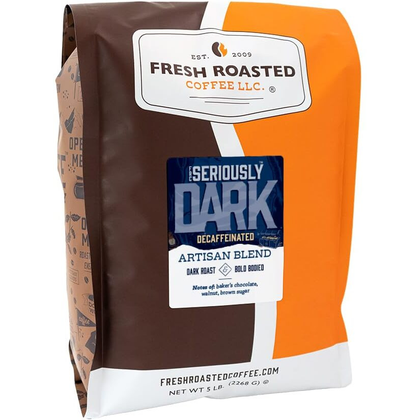 Fresh Roasted Coffee,Seriously Dark Decaf Artisan Blend,5Lb Dark Roast, Kosher, Whole Bean
