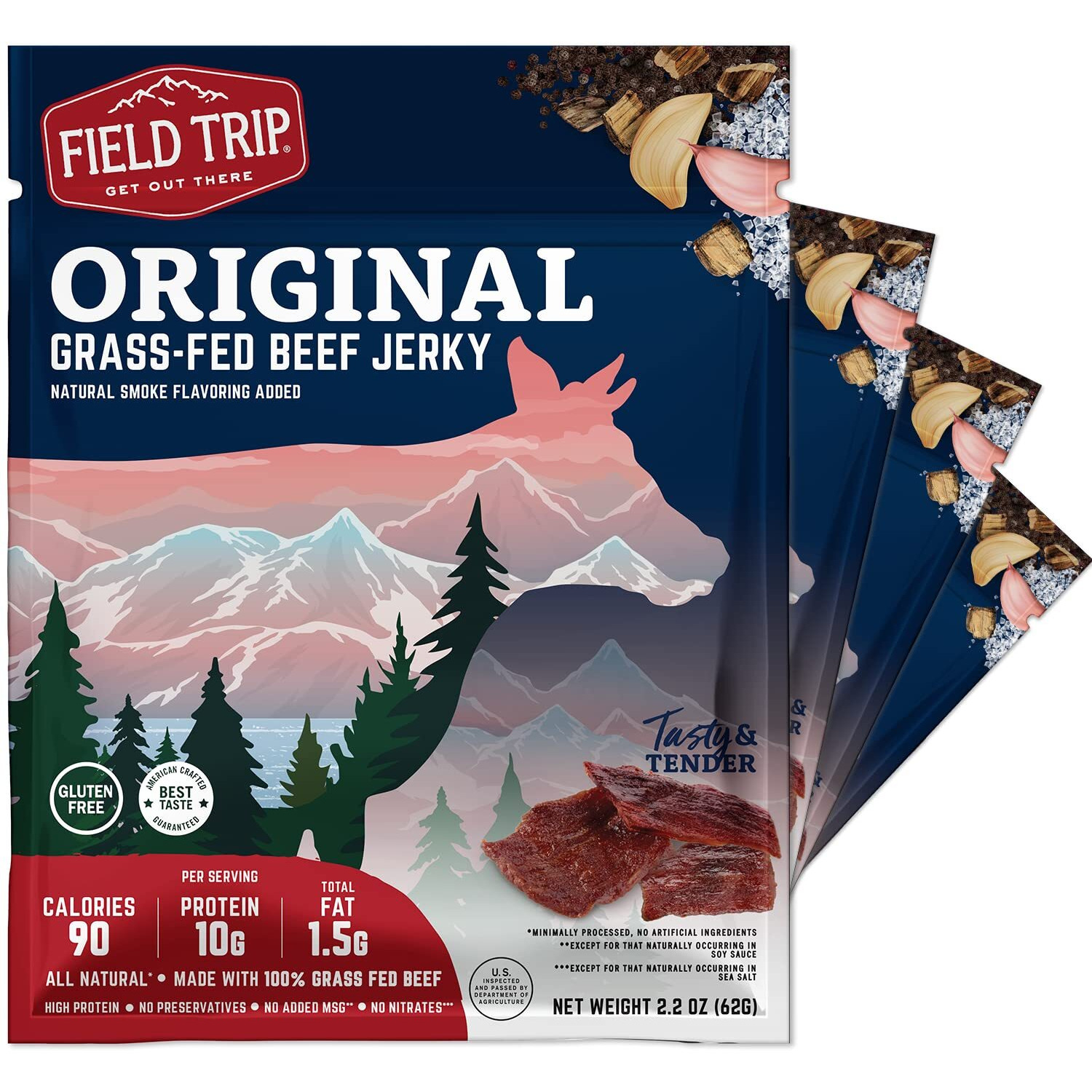 Field Trip Grass Fed Beef Jerky, Healthy Gluten Free Snacks, All Natural, High Protein Snack With No Nitrates, 2.2 Ounce Bag, 4 Pack, Original