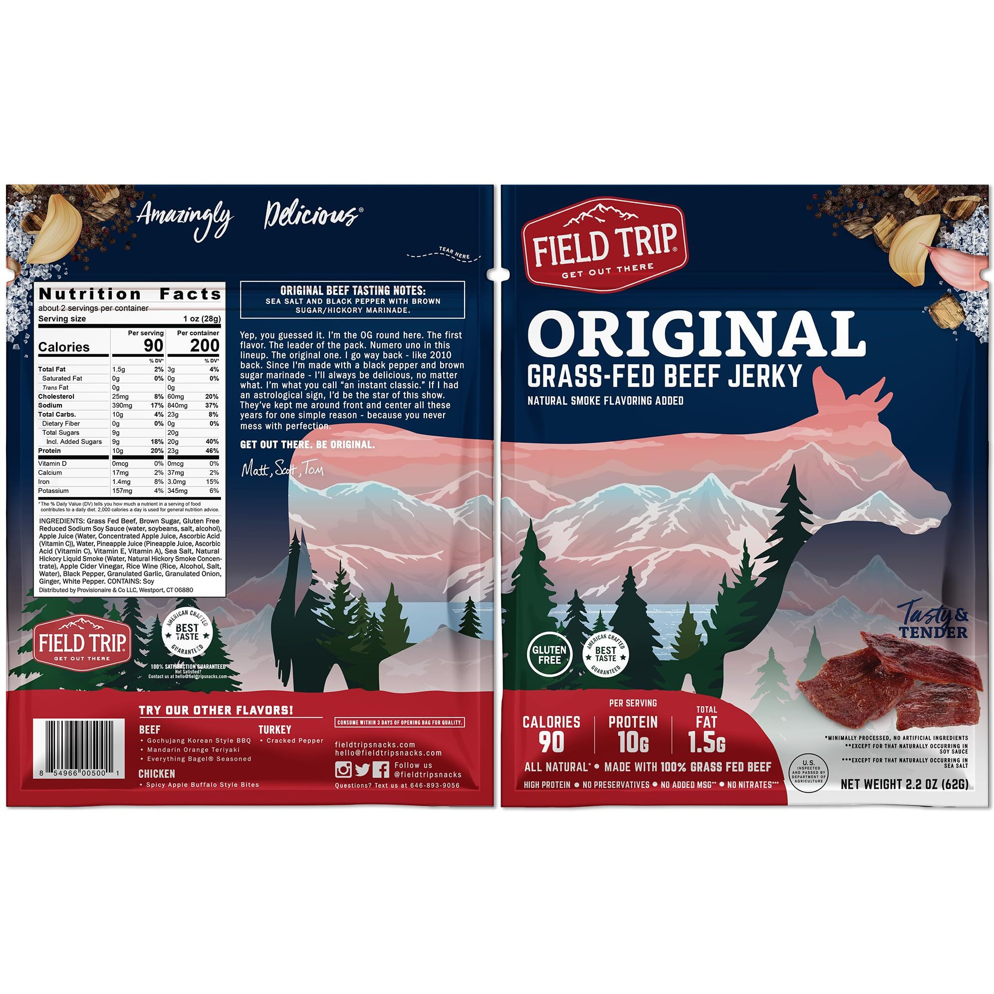 Field Trip Grass Fed Beef Jerky, Healthy Gluten Free Snacks, All Natural, High Protein Snack With No Nitrates, 2.2 Ounce Bag, 4 Pack, Original
