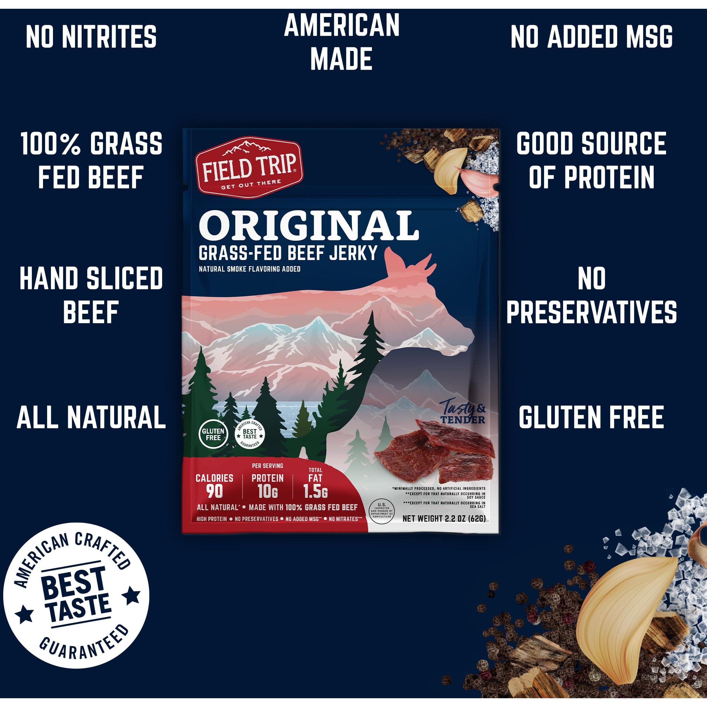 Field Trip Grass Fed Beef Jerky, Healthy Gluten Free Snacks, All Natural, High Protein Snack With No Nitrates, 2.2 Ounce Bag, 4 Pack, Original