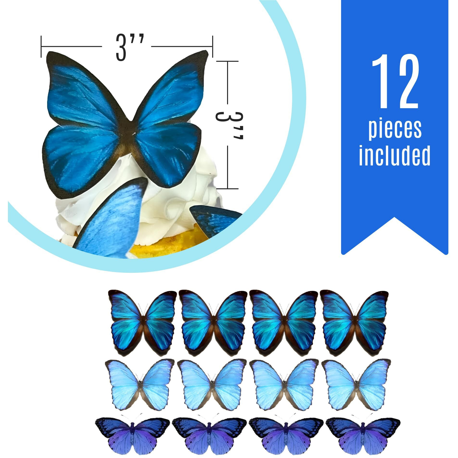 Sugar Robot Inc. Edible Butterflies Large Size Premium Crafted Made In The Usa Cake And Cupcake Toppers, Decoration (Blue)