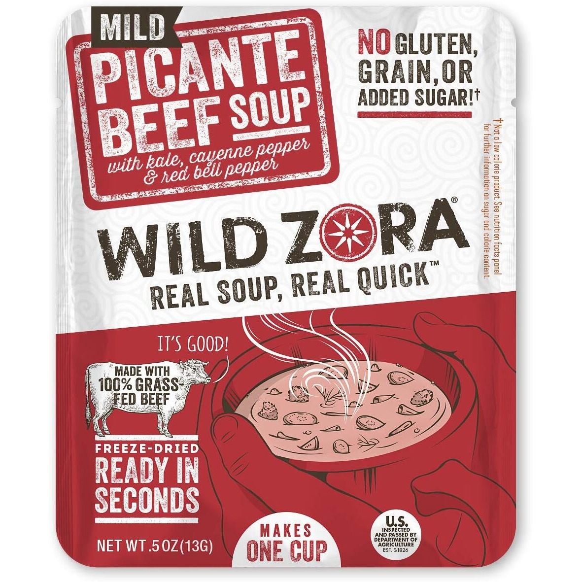 Wild Zora Instant Keto-Friendly Soups Picante Beef 8-Pack Broth Made With 100% Grass-Fed Beef, And Vegetables, Gluten-Free, Grain Free, Low Carb, No Added Sugar, Flavorful Pantry Staples - 0.5Oz/13G